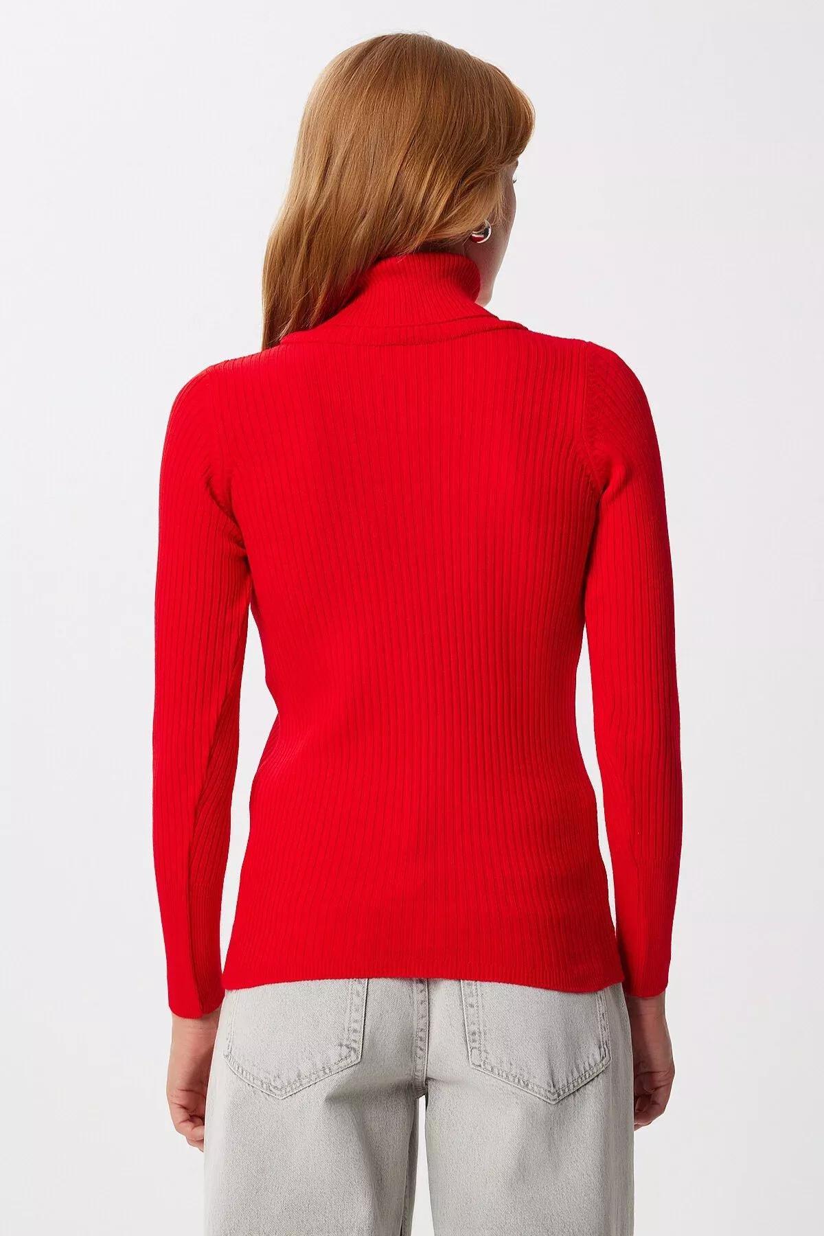 Red Turtleneck Ribbed Lycra Sweater, , large image number 6
