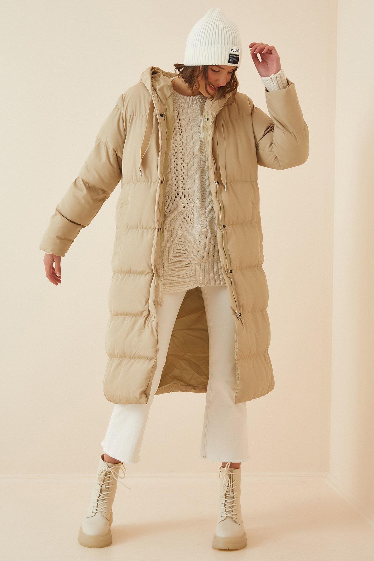 Beige Cotton Hooded Puffer Jacket, , medium