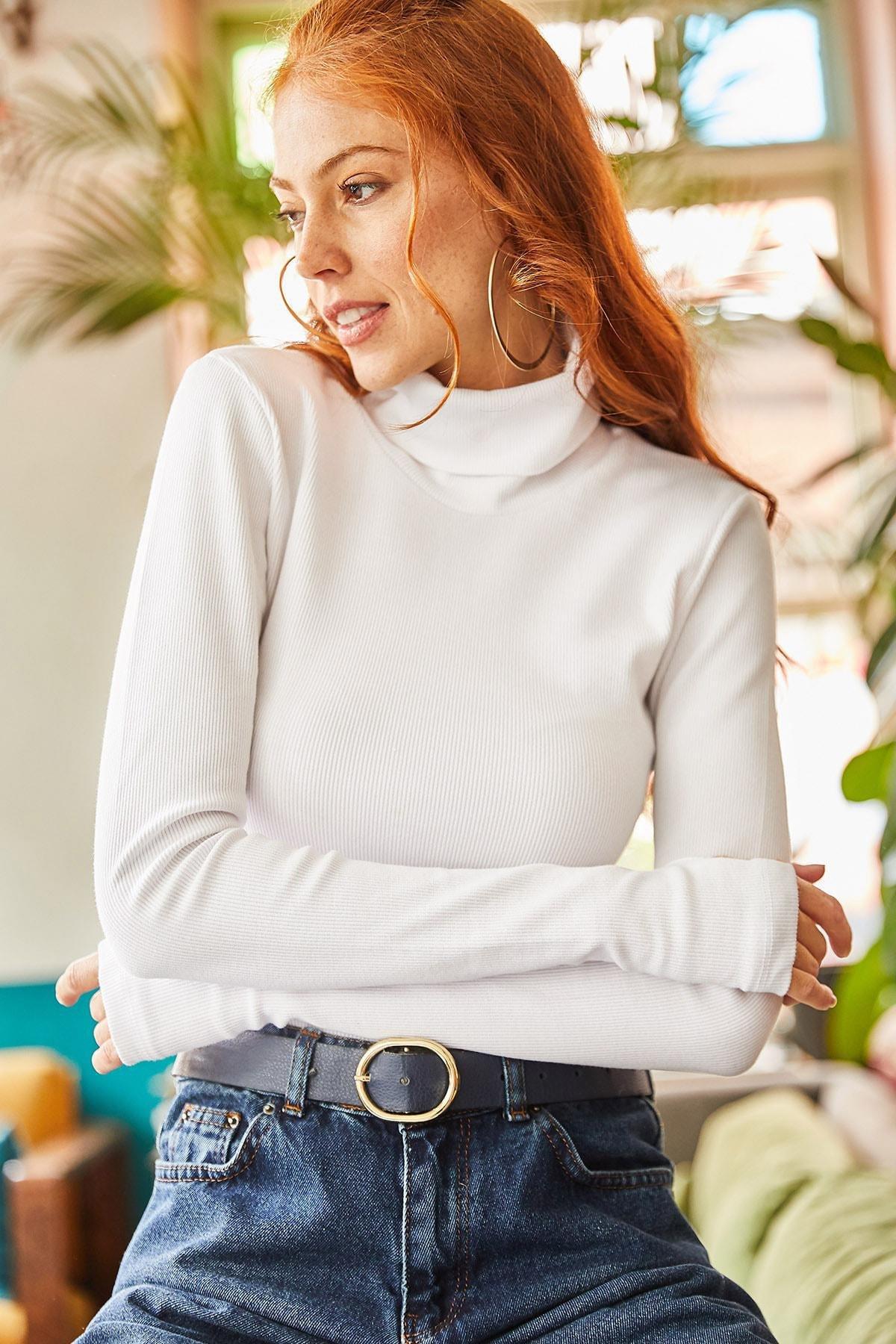 White Turtleneck Detail Lycra Crop Top, , large image number 2