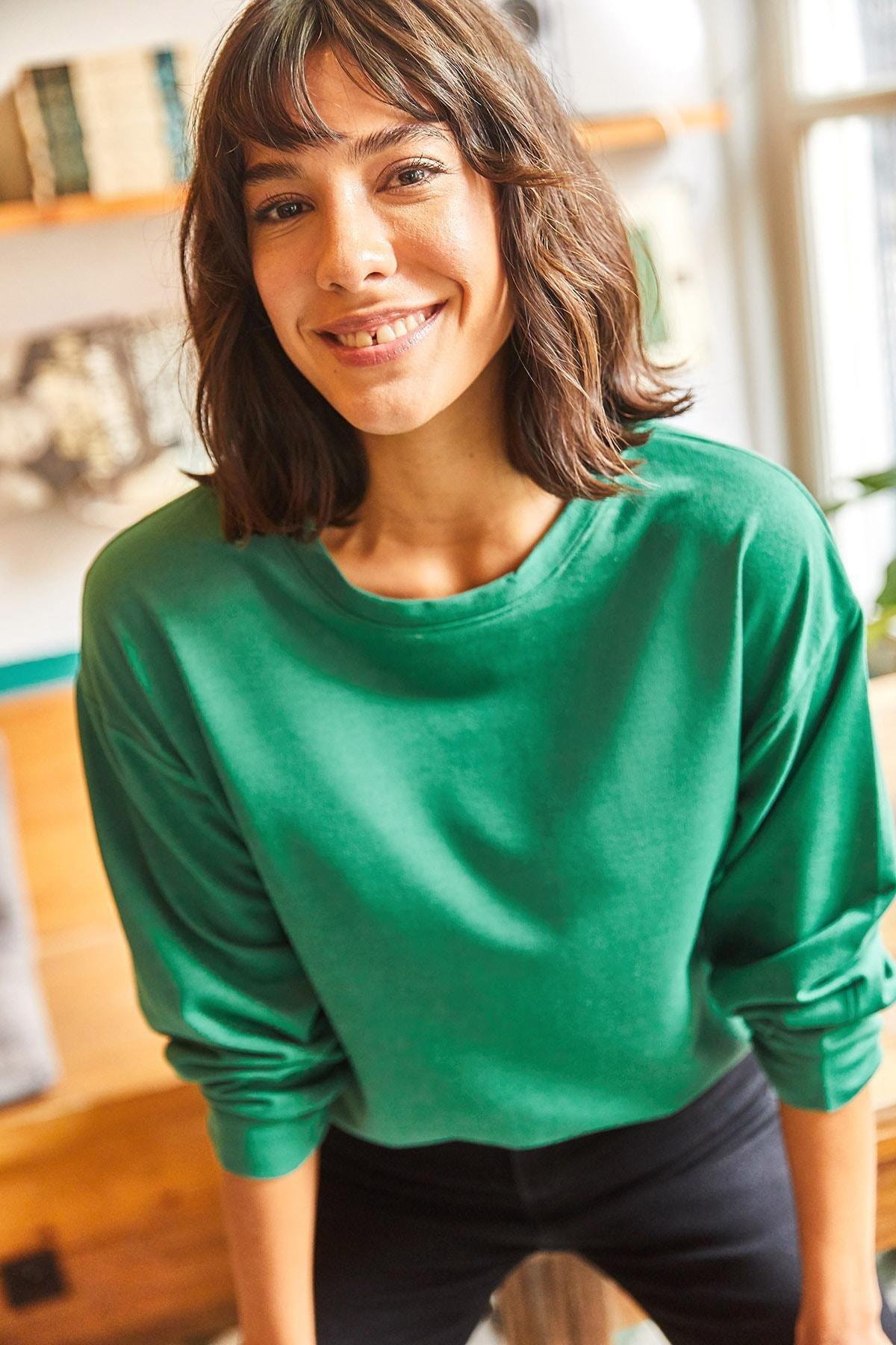 Green Oversize Sweatshirt, Plain Emerald Green, large image number 1