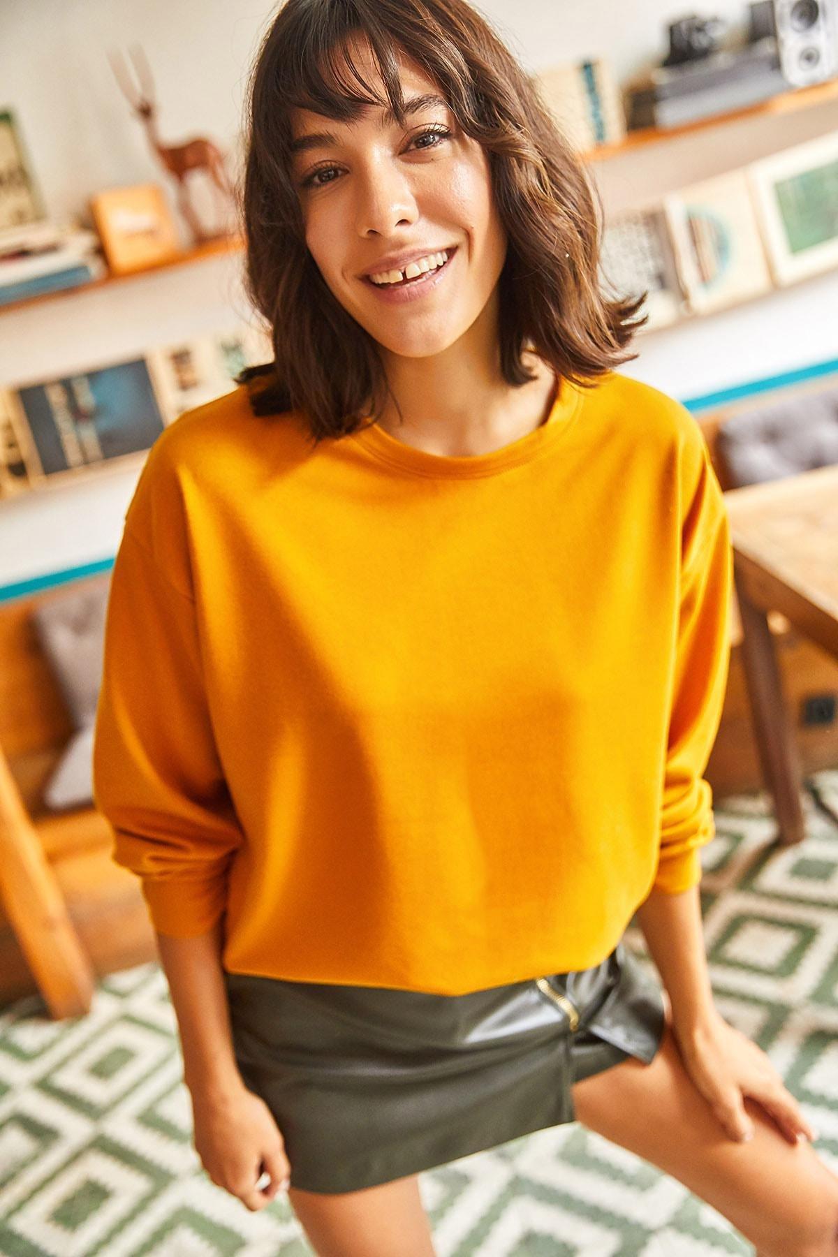 Yellow Oversize Sweatshirt, Plain Mustard, large image number 0