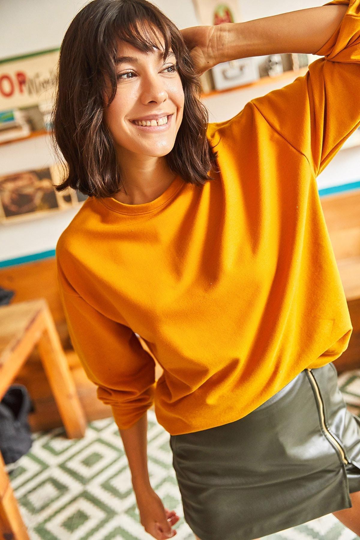 Yellow Oversize Sweatshirt, Plain Mustard, large image number 1