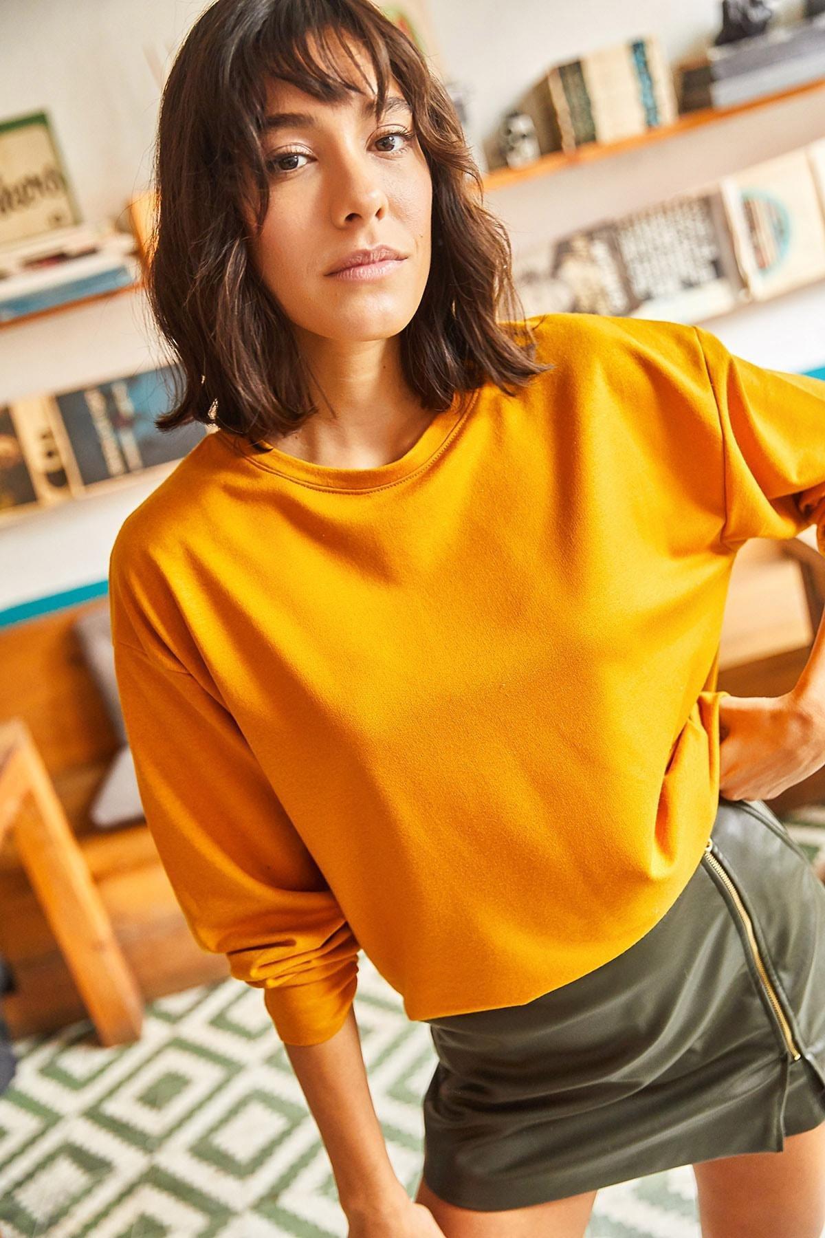 Yellow Oversize Sweatshirt, Plain Mustard, large image number 3