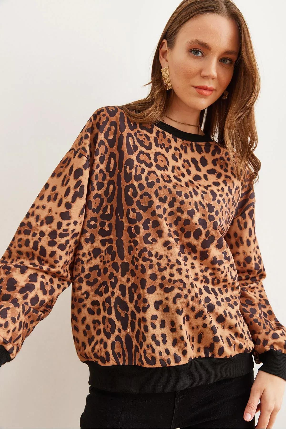 Brown Leopard Textured Casual Sweatshirt, Brown Leopard, large image number 0