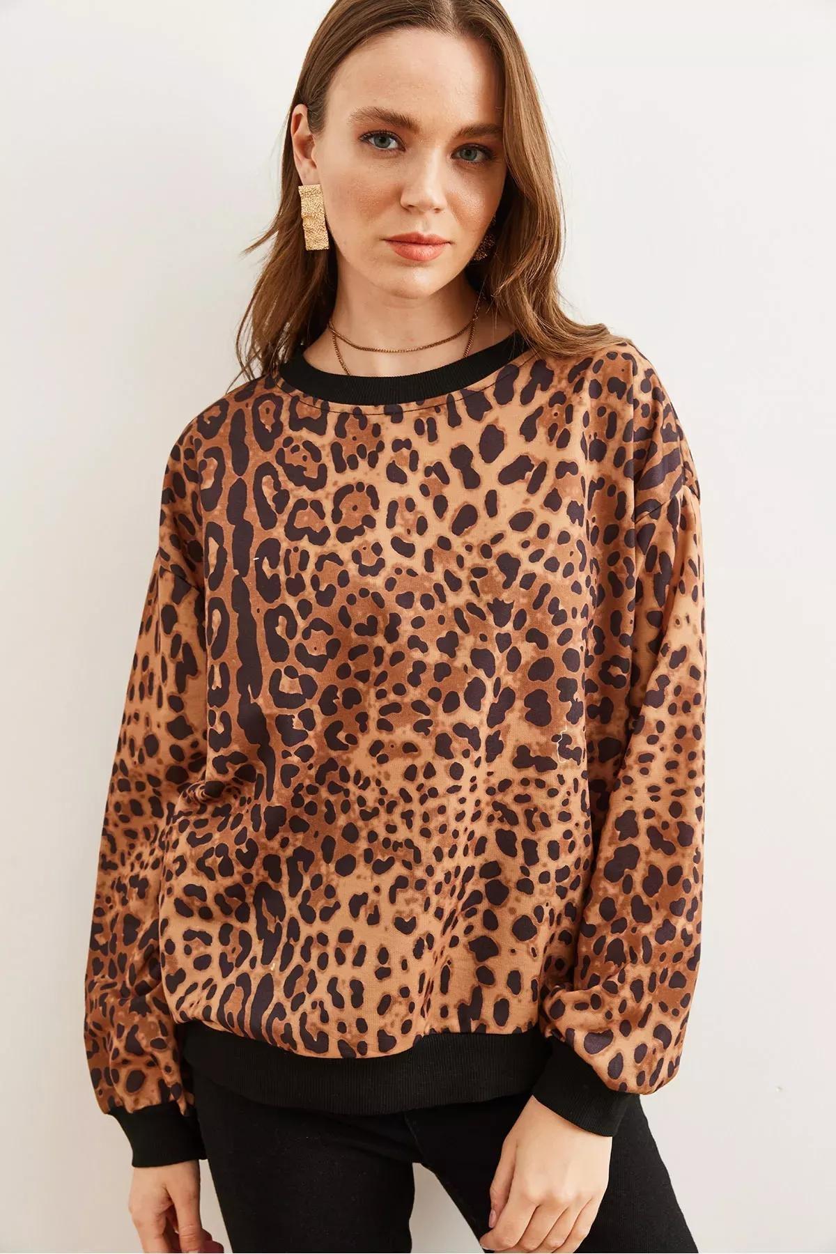 Brown Leopard Textured Casual Sweatshirt, Brown Leopard, large image number 1