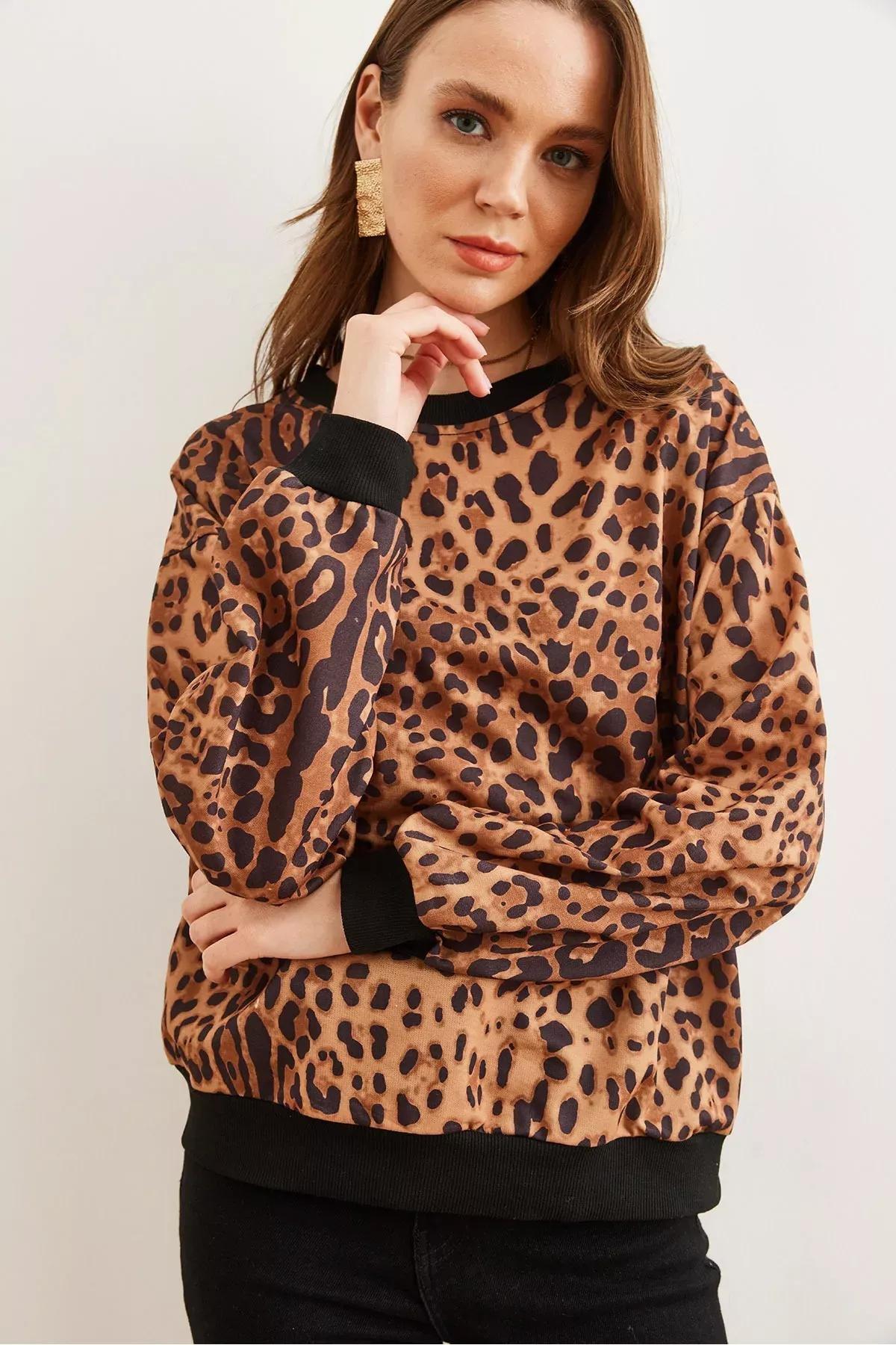 Brown Leopard Textured Casual Sweatshirt, Brown Leopard, large image number 2