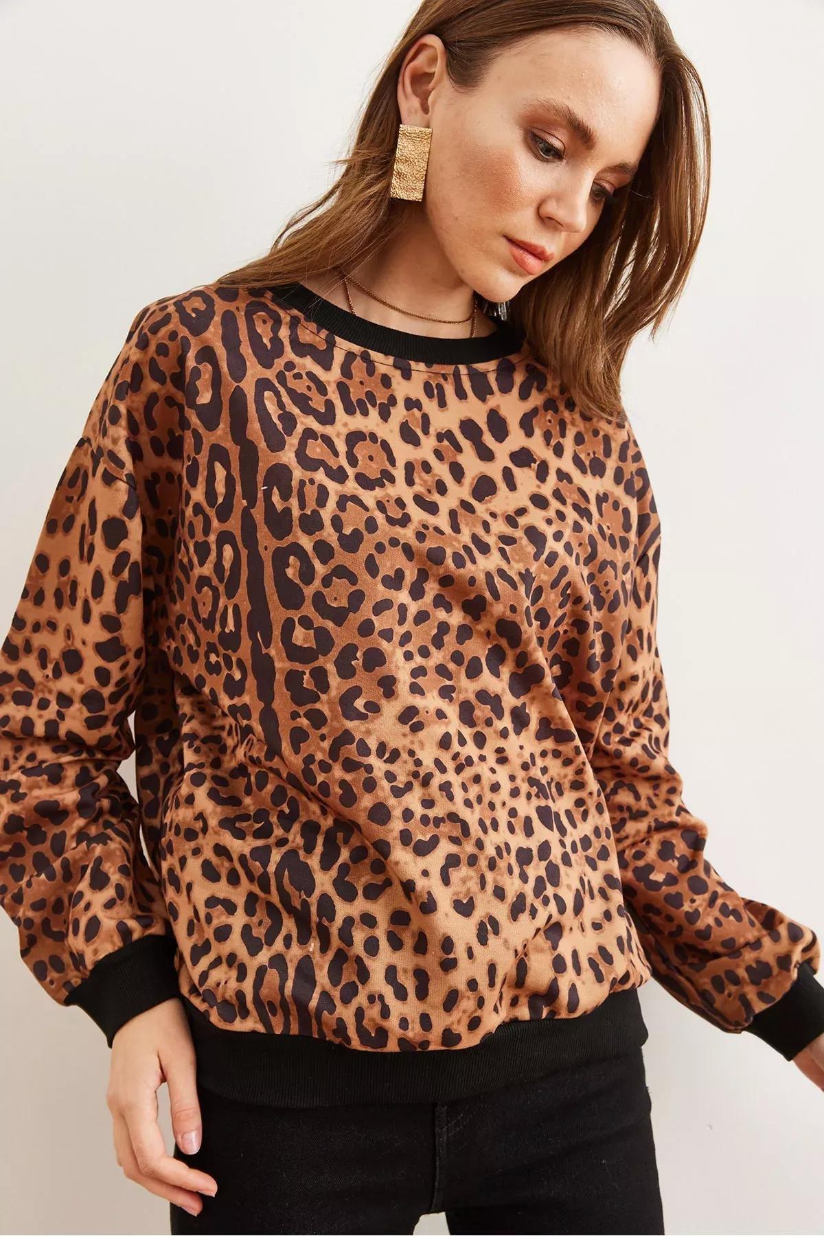 Brown Leopard Textured Casual Sweatshirt, Brown Leopard, large image number 3