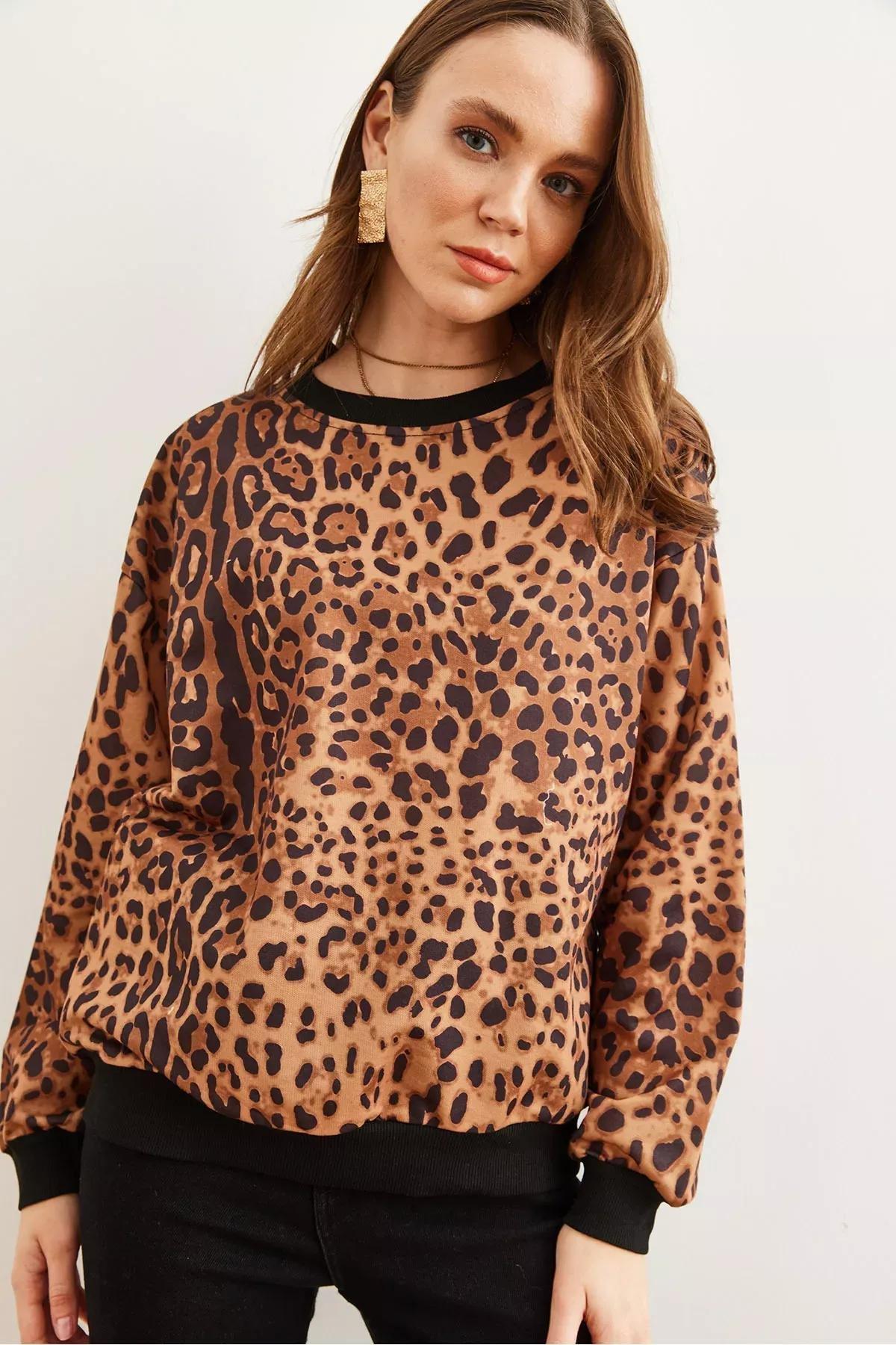 Brown Leopard Textured Casual Sweatshirt, Brown Leopard, large image number 4