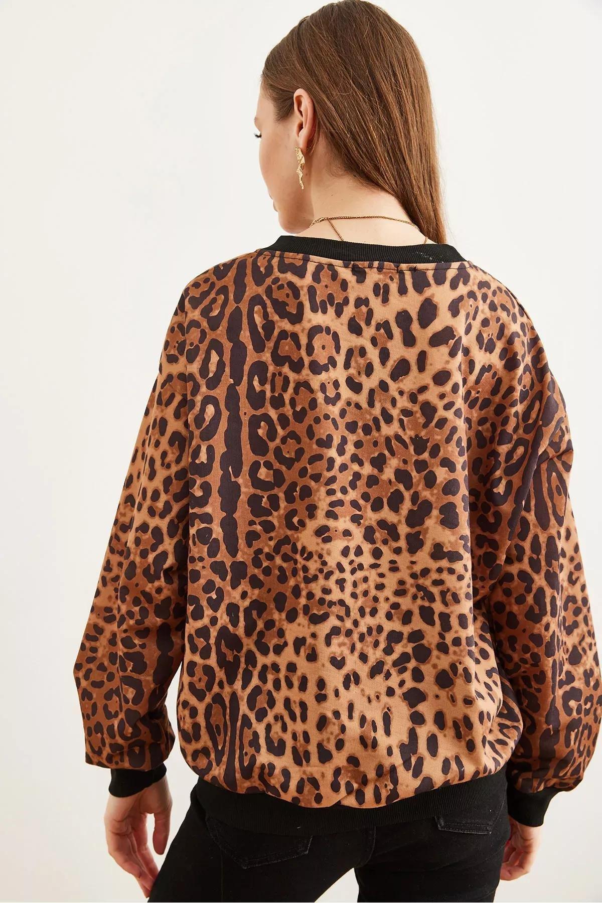 Brown Leopard Textured Casual Sweatshirt, Brown Leopard, large image number 5