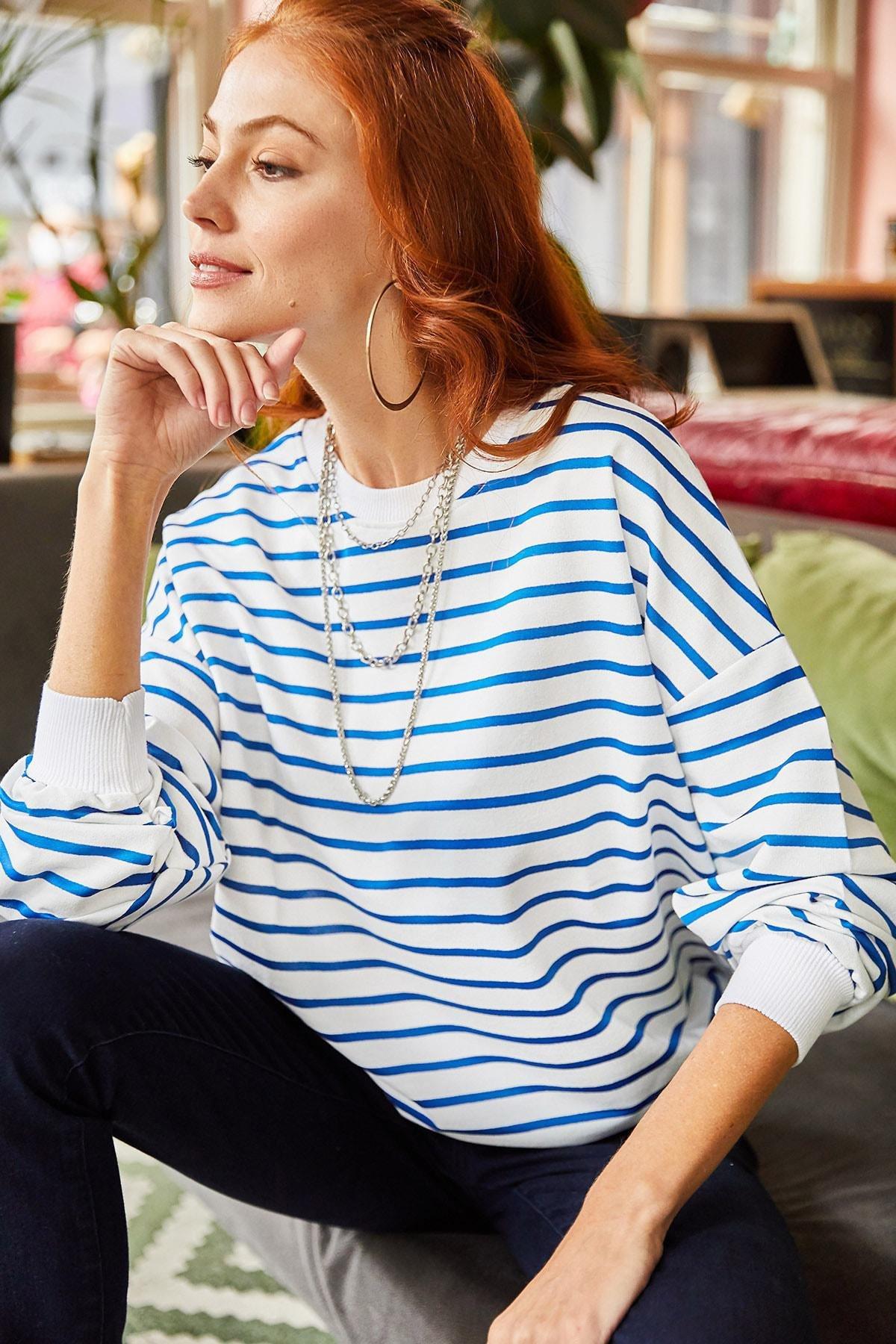 Blue Striped Oversize Sweatshirt, White Indigo, large image number 0