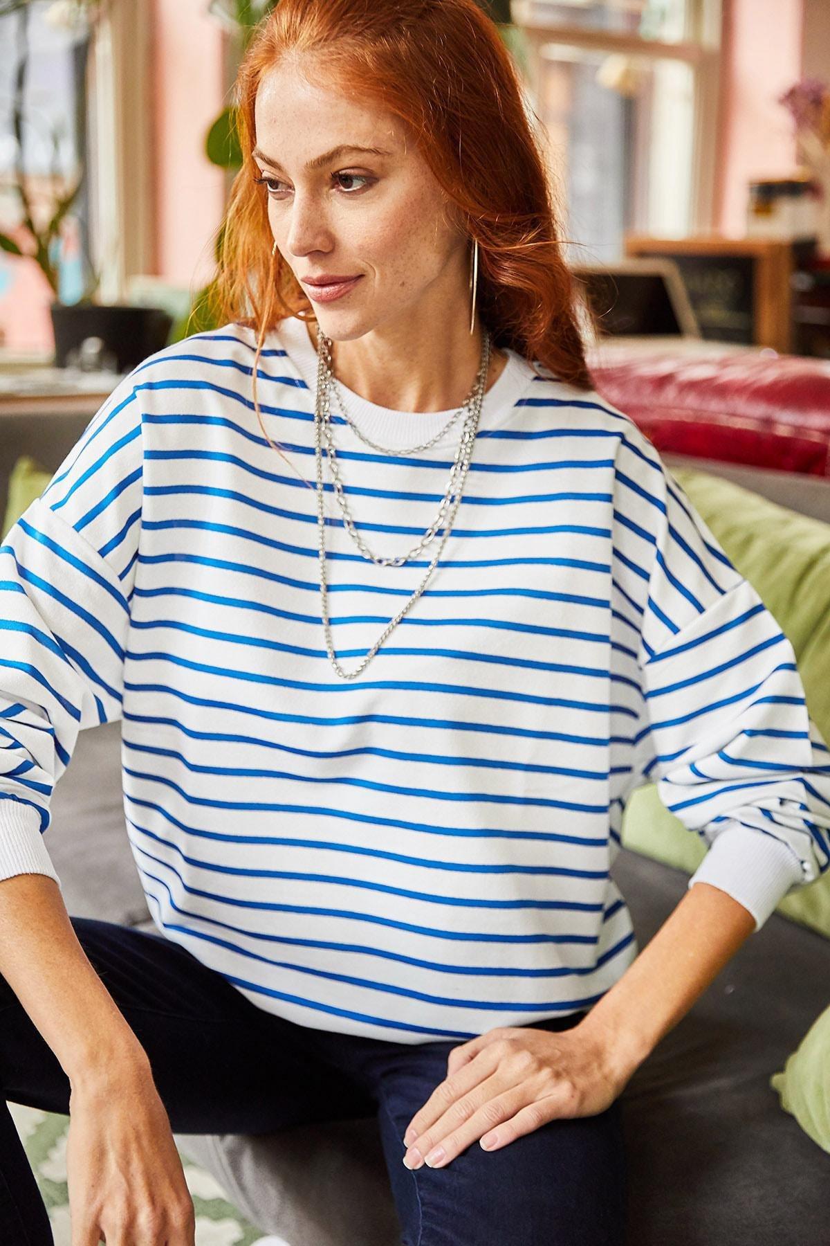 Blue Striped Oversize Sweatshirt, White Indigo, large image number 1