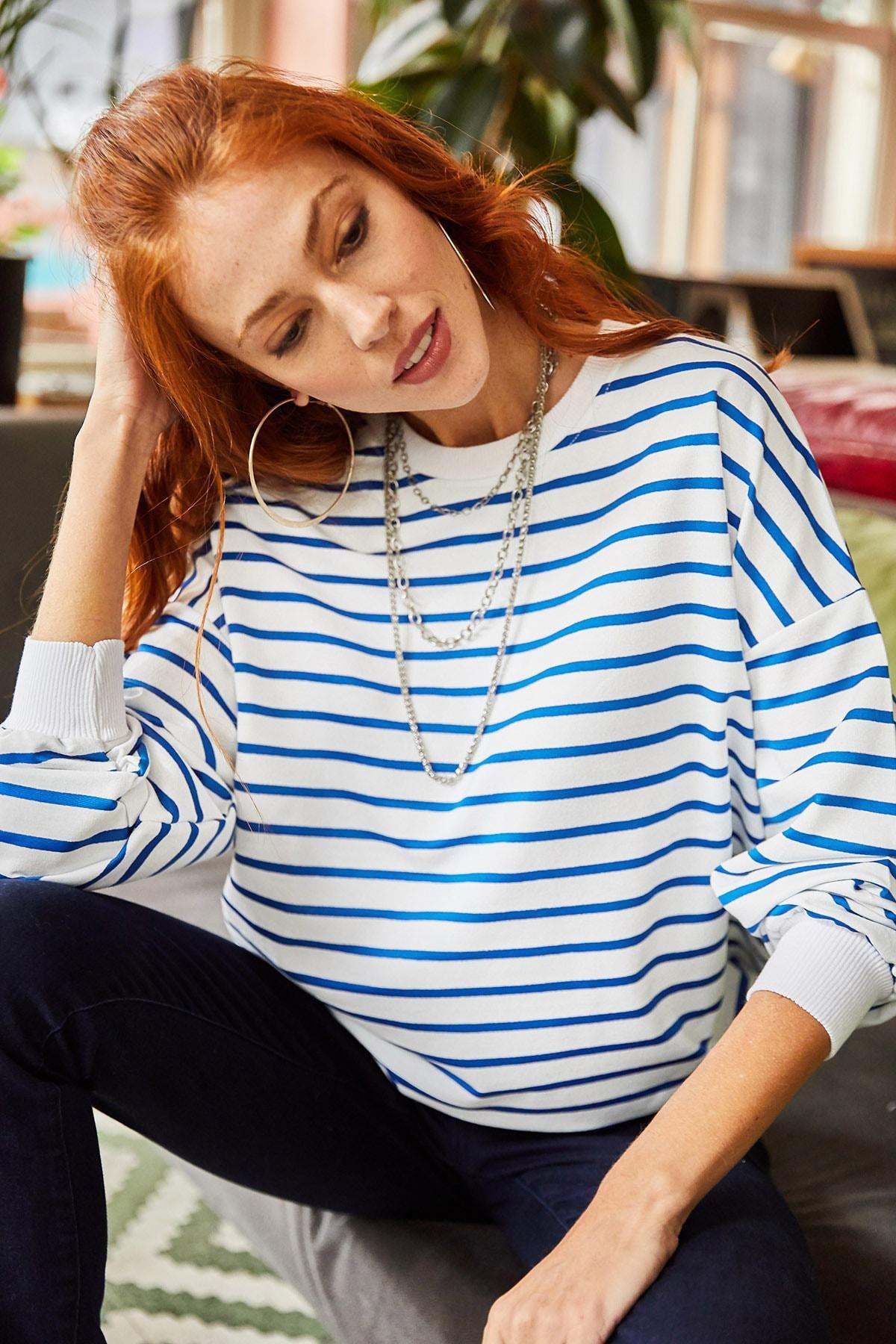 Blue Striped Oversize Sweatshirt, White Indigo, large image number 2
