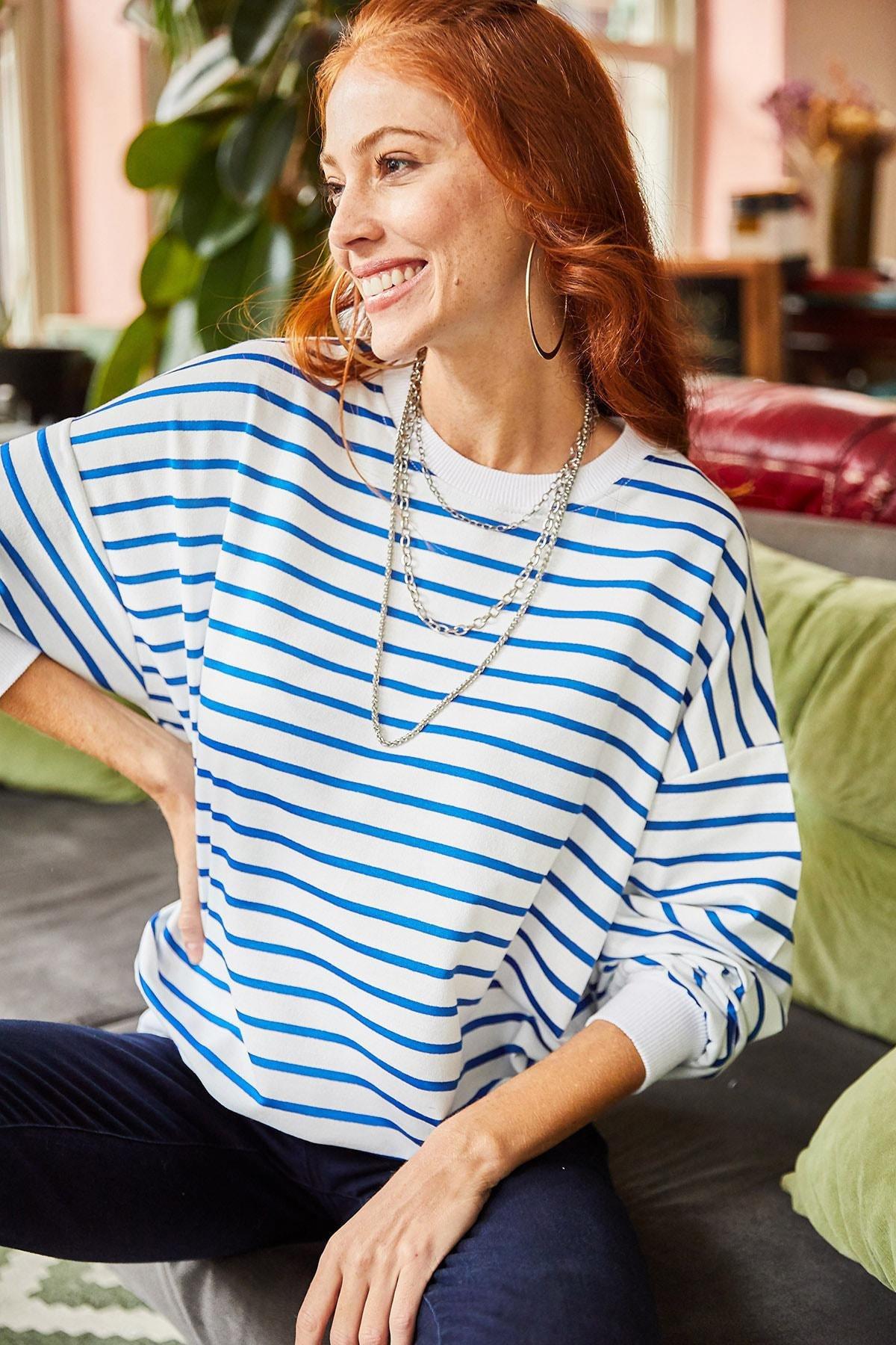 Blue Striped Oversize Sweatshirt, White Indigo, large image number 3