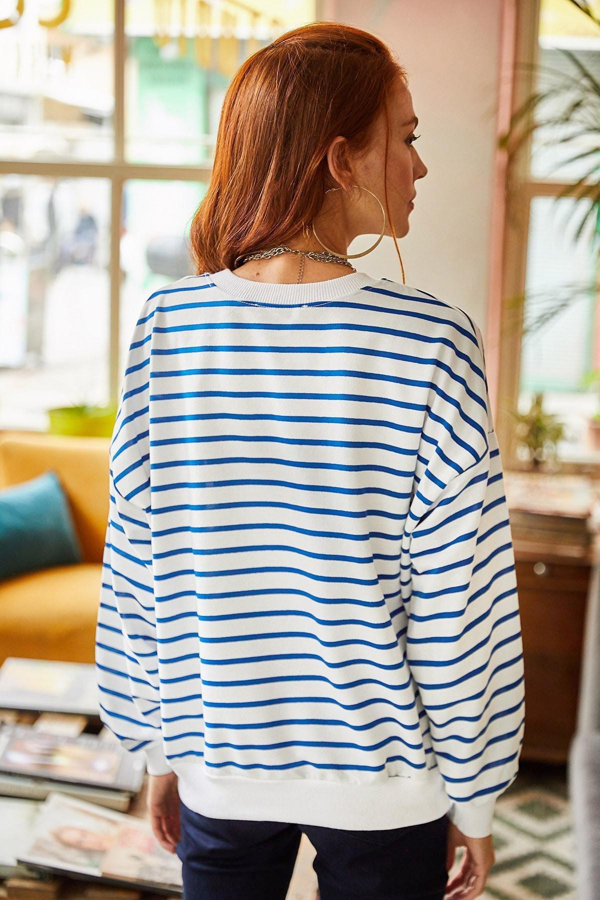 Blue Striped Oversize Sweatshirt, White Indigo, large image number 5