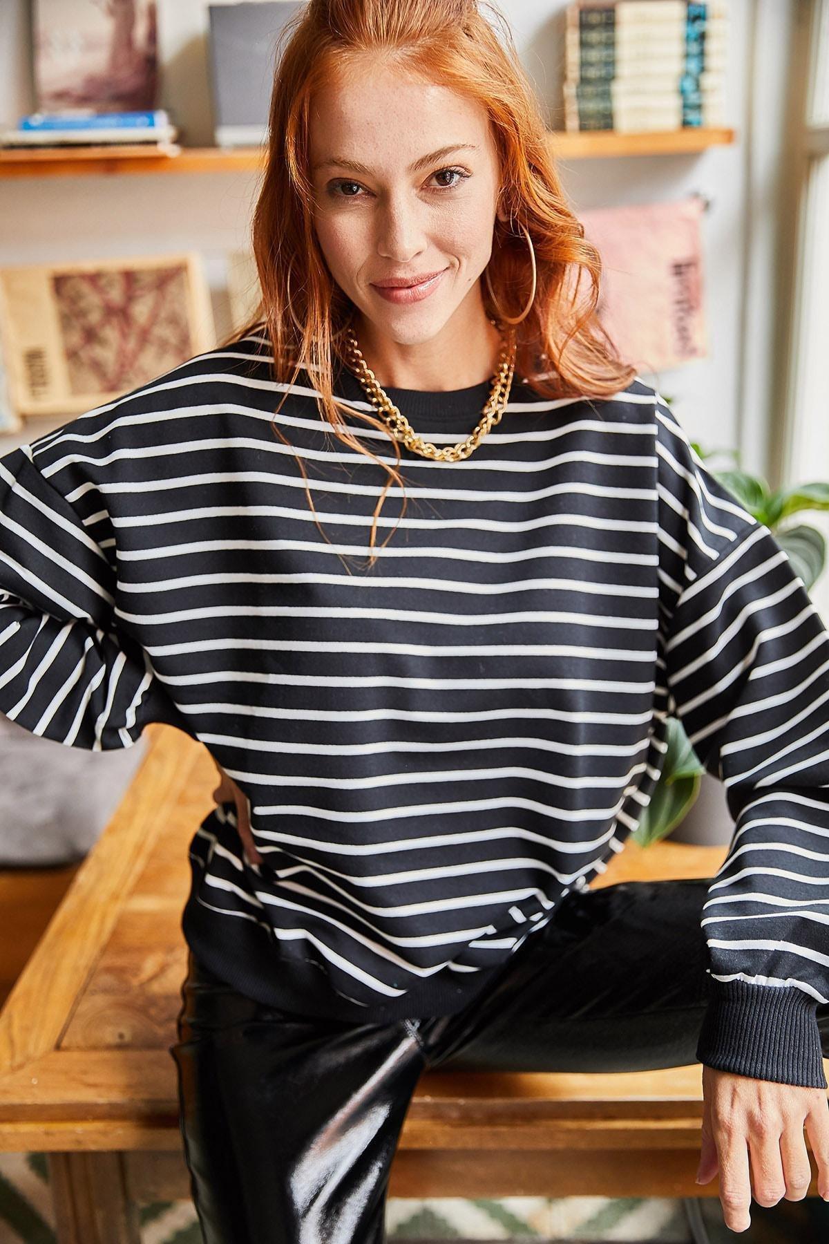 Black Striped Oversize Sweatshirt, BLACK WHITE, large image number 3