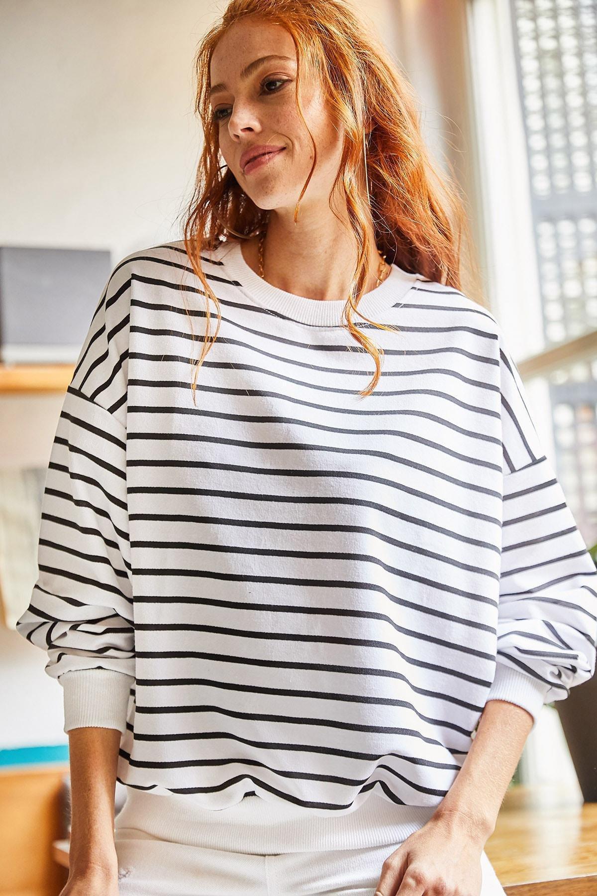 White Striped Oversize Sweatshirt, White black, large image number 1