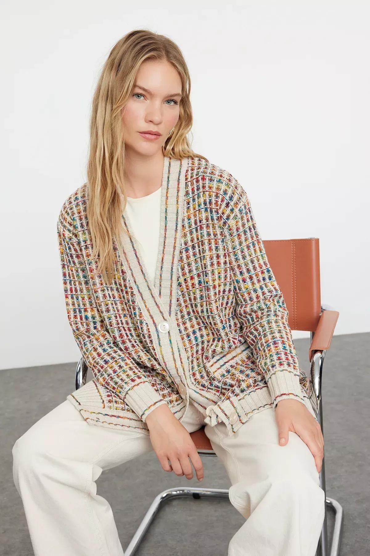 Stone V-Neck Knitwear Cardigan TCTAW22TH0144, single, STONE, large image number 0