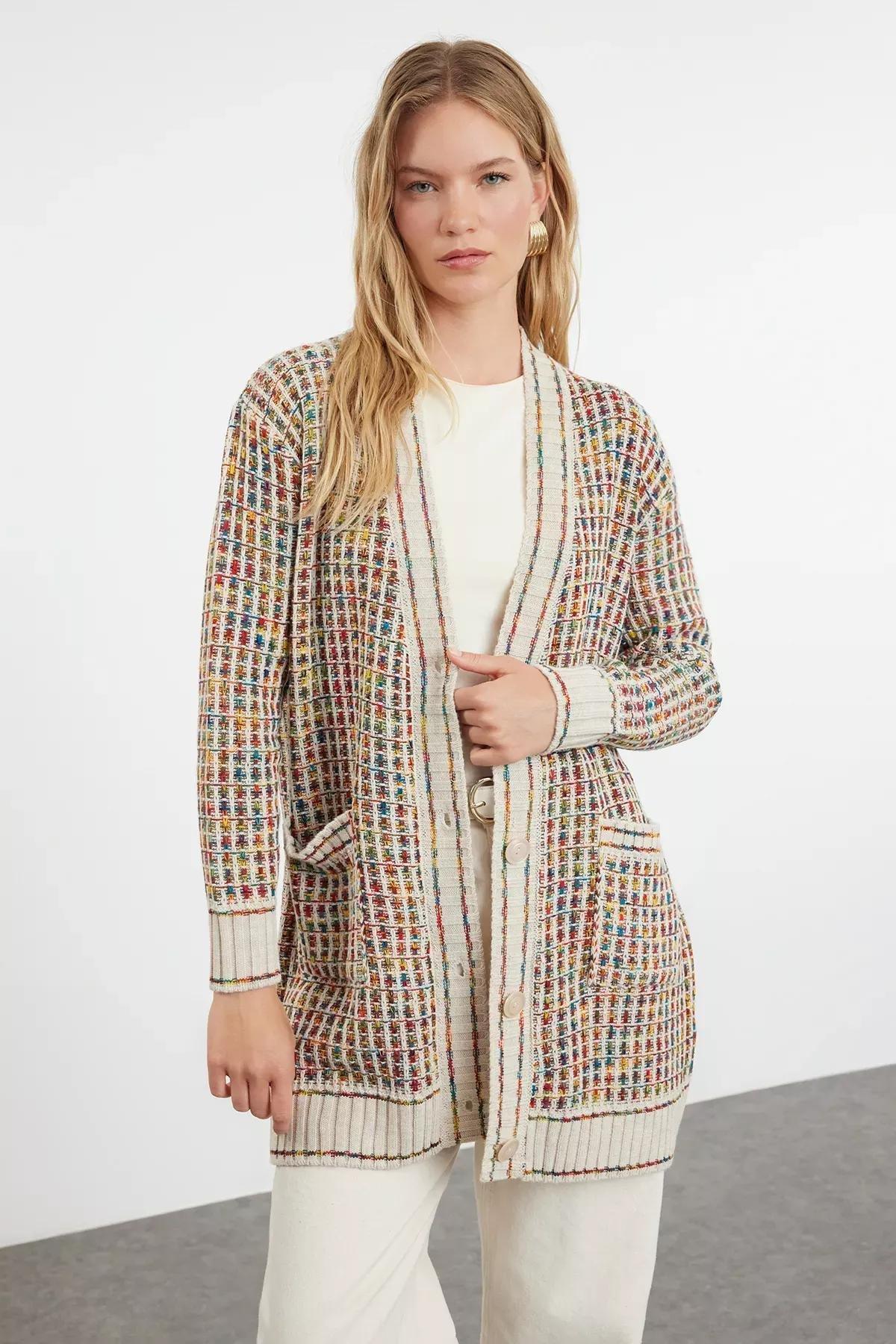 Stone V-Neck Knitwear Cardigan TCTAW22TH0144, single, STONE, large image number 1