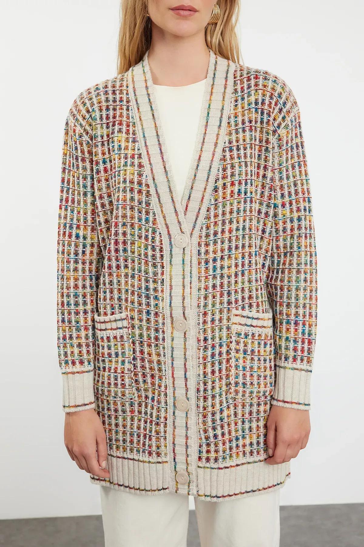 Stone V-Neck Knitwear Cardigan TCTAW22TH0144, single, STONE, large image number 2