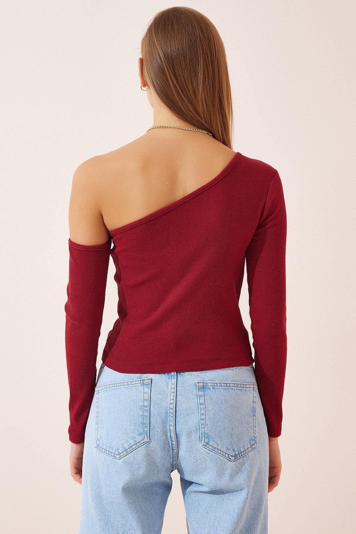 Burgundy Asymmetrical Off-Shoulder Fitted Top, Burgundy, large image number 2