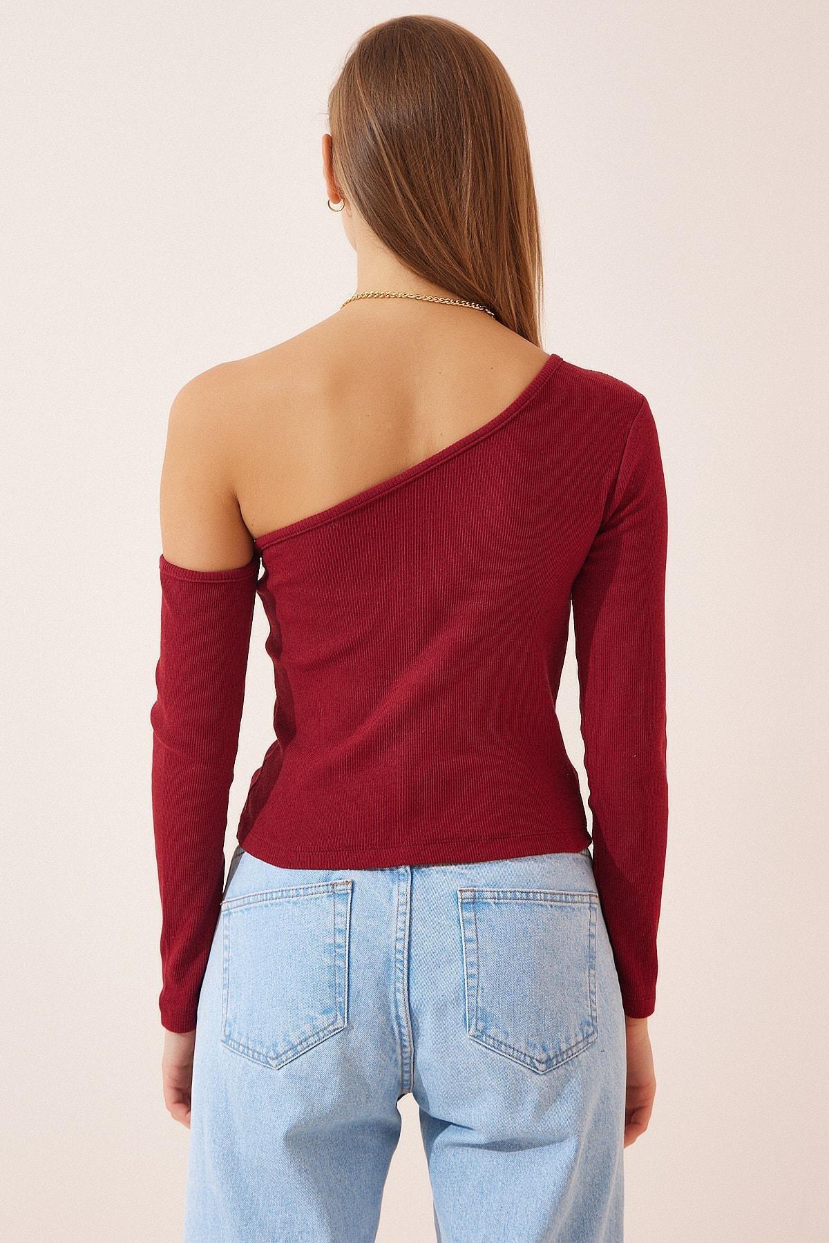 Happiness - Burgundy Asymmetrical Off-Shoulder Fitted Top