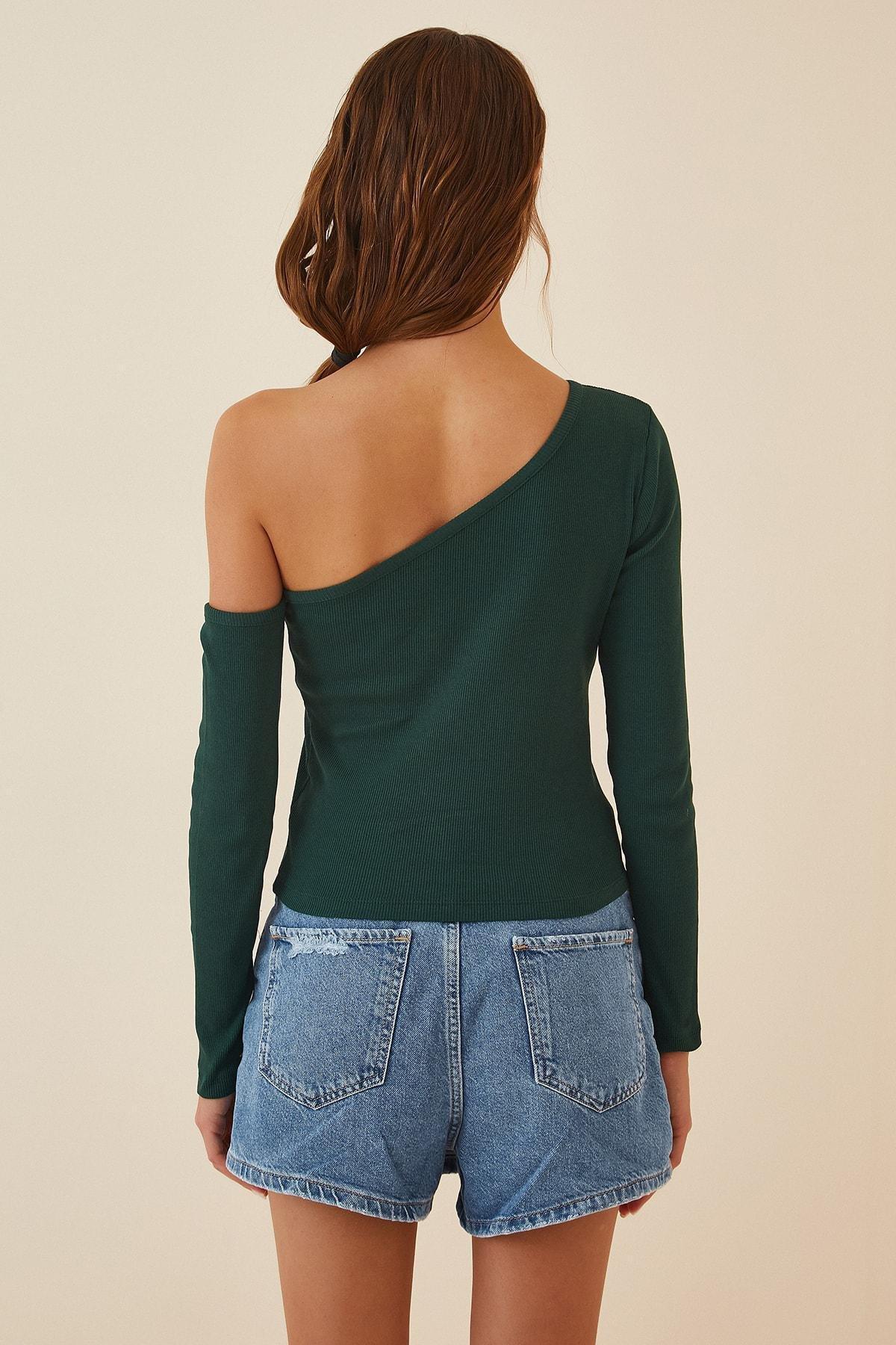 Green Asymmetrical Off-Shoulder Fitted Top, Green, large image number 2