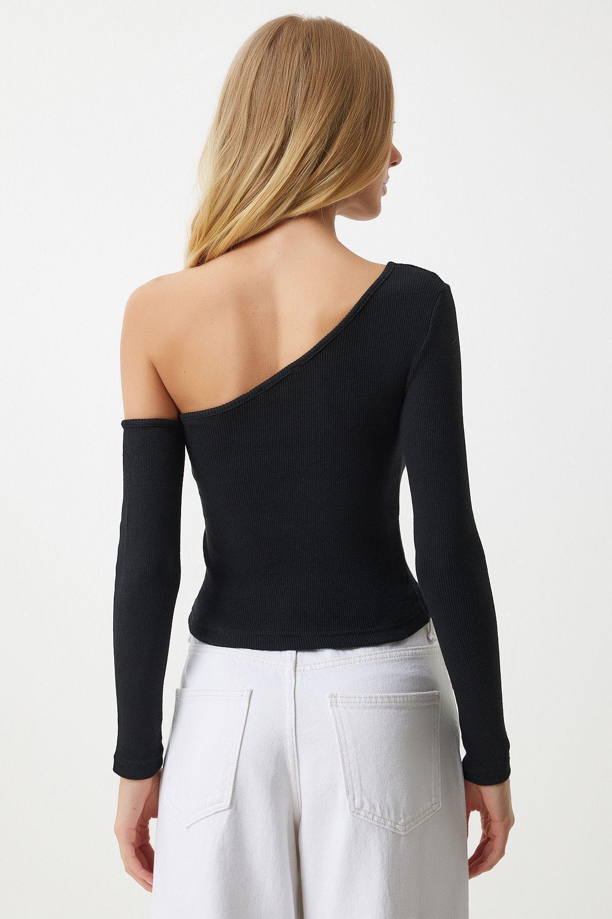 Black Asymmetrical Off-Shoulder Fitted Blouse, BLACK, large image number 7