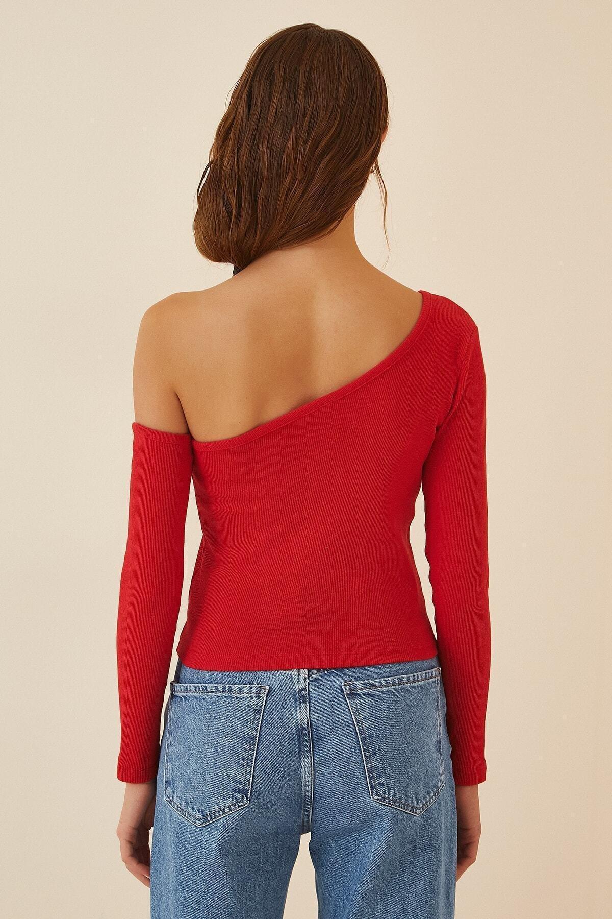 Red Asymmetrical Off-Shoulder Fitted Top, Red, large image number 1