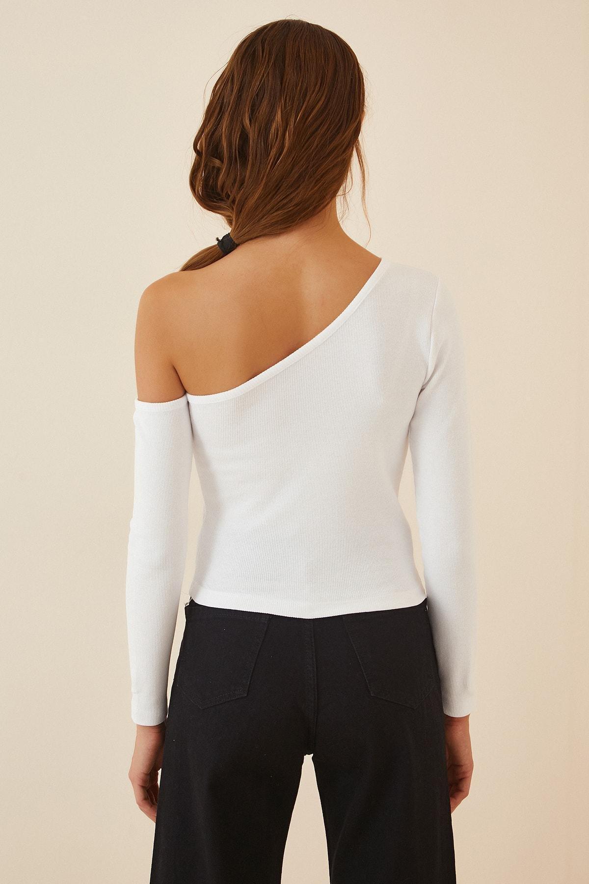White Asymmetrical Off-Shoulder Fitted Blouse, White, large image number 2