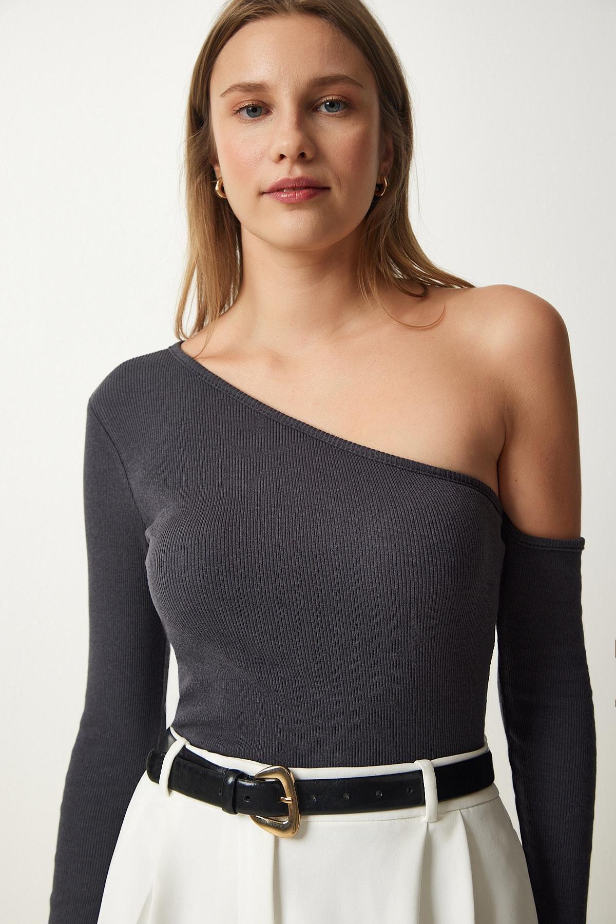 Grey Open Shoulder Ribbed Knitted Blouse, Anthracite, large image number 2