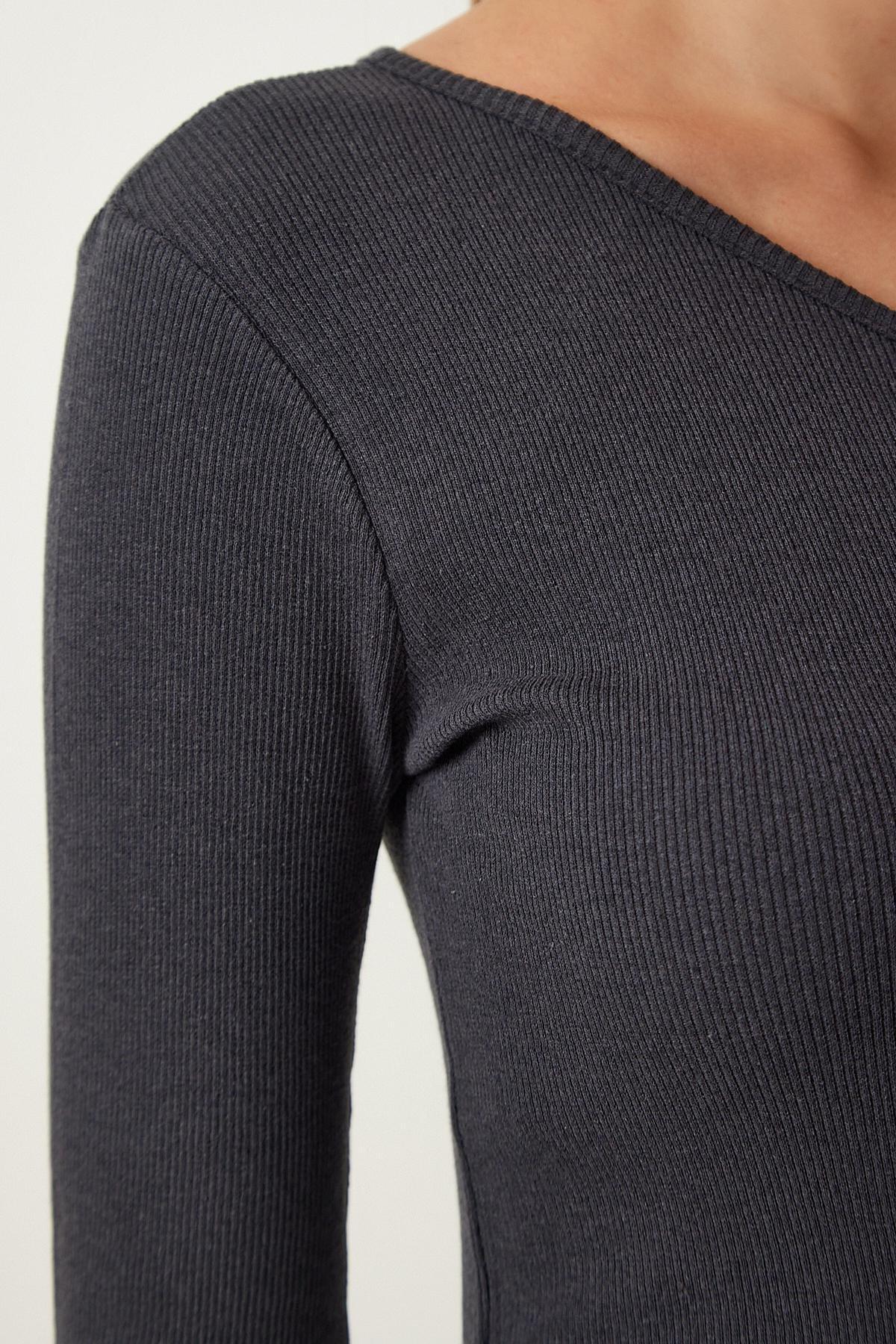 Grey Open Shoulder Ribbed Knitted Blouse, Anthracite, large image number 3