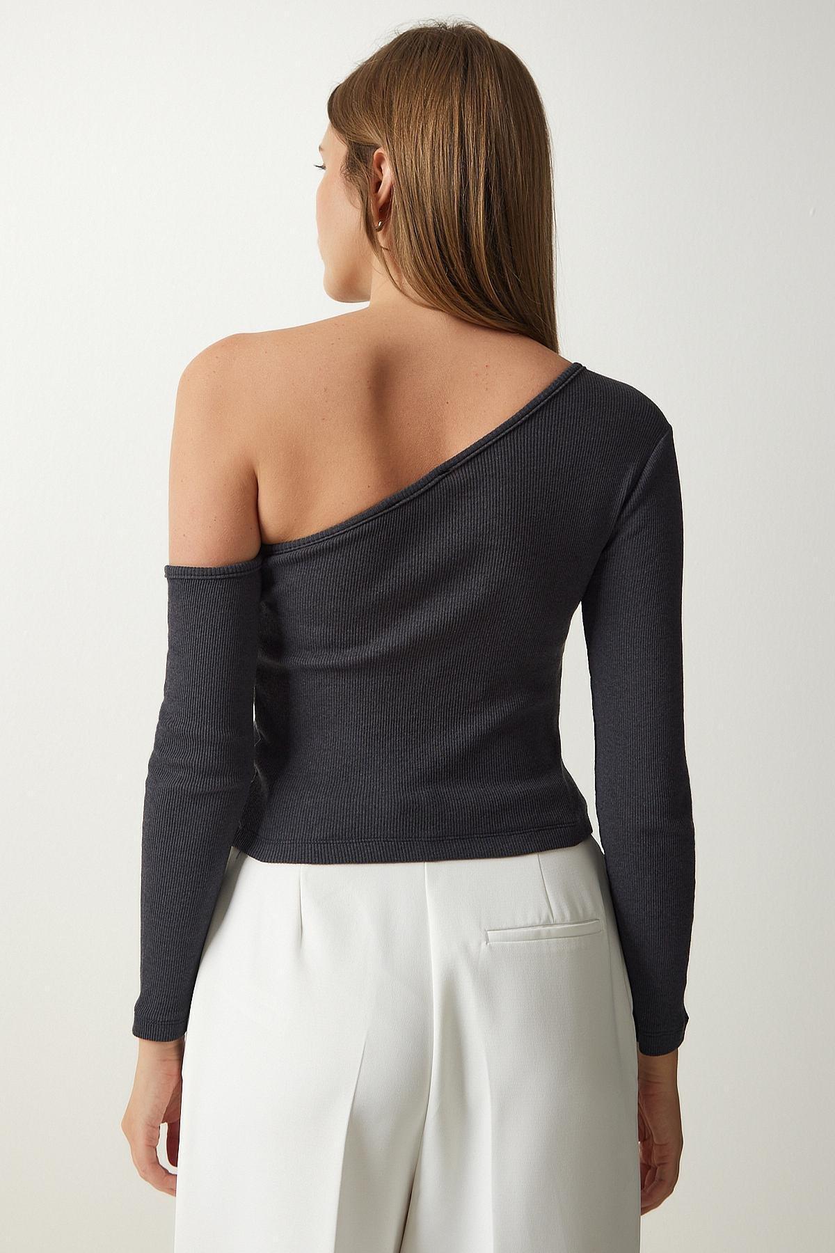 Grey Open Shoulder Ribbed Knitted Blouse, Anthracite, large image number 4