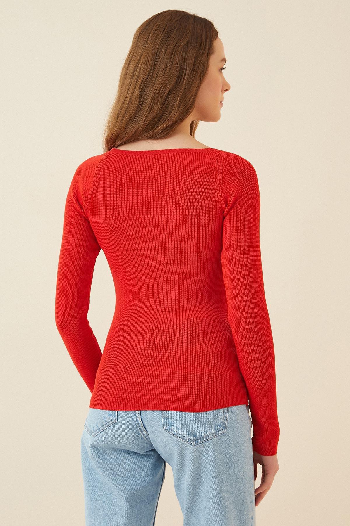 Red Square Collar Slim Sweater, Red, large image number 2
