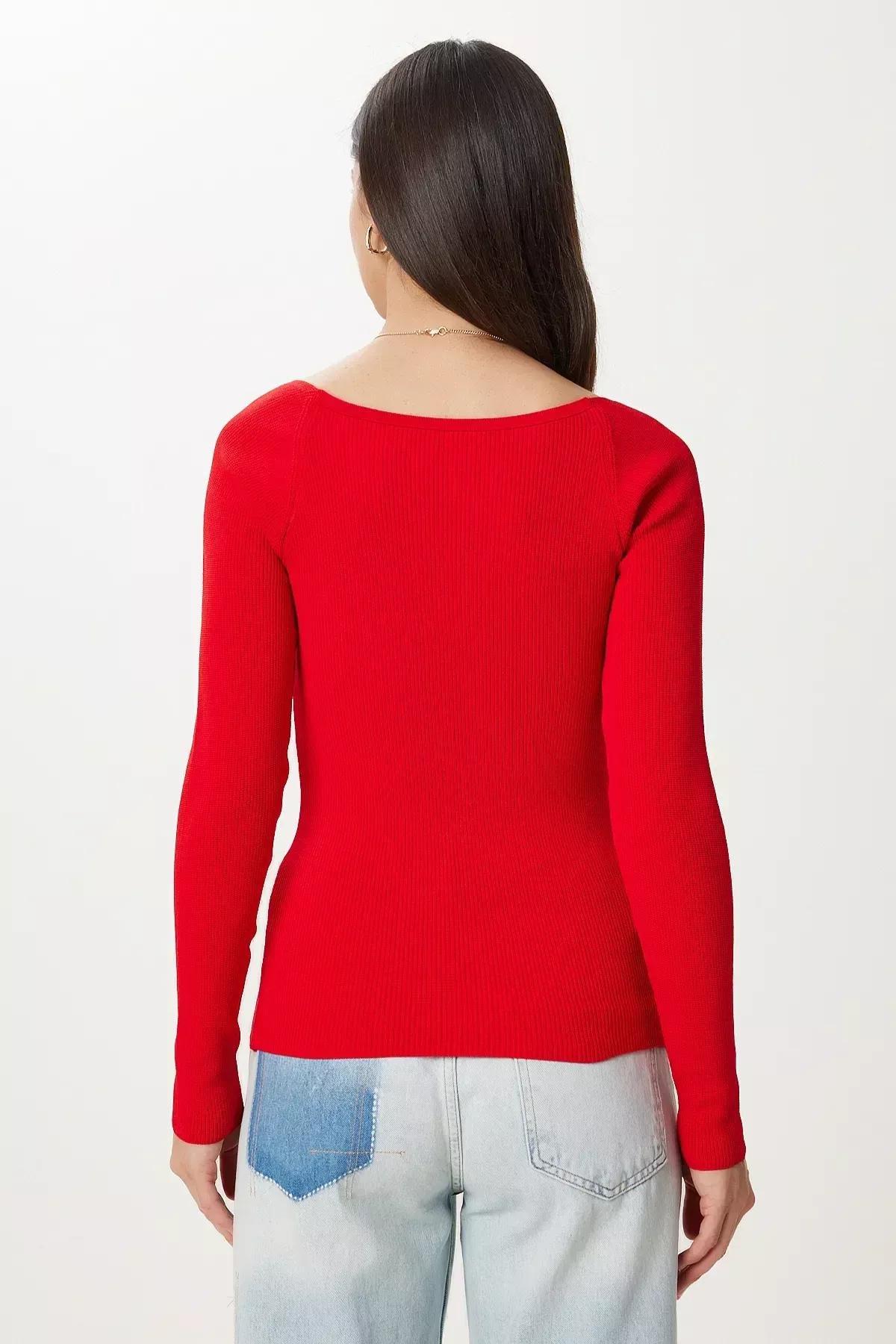 Red Square Collar Slim Sweater, Red, large image number 4