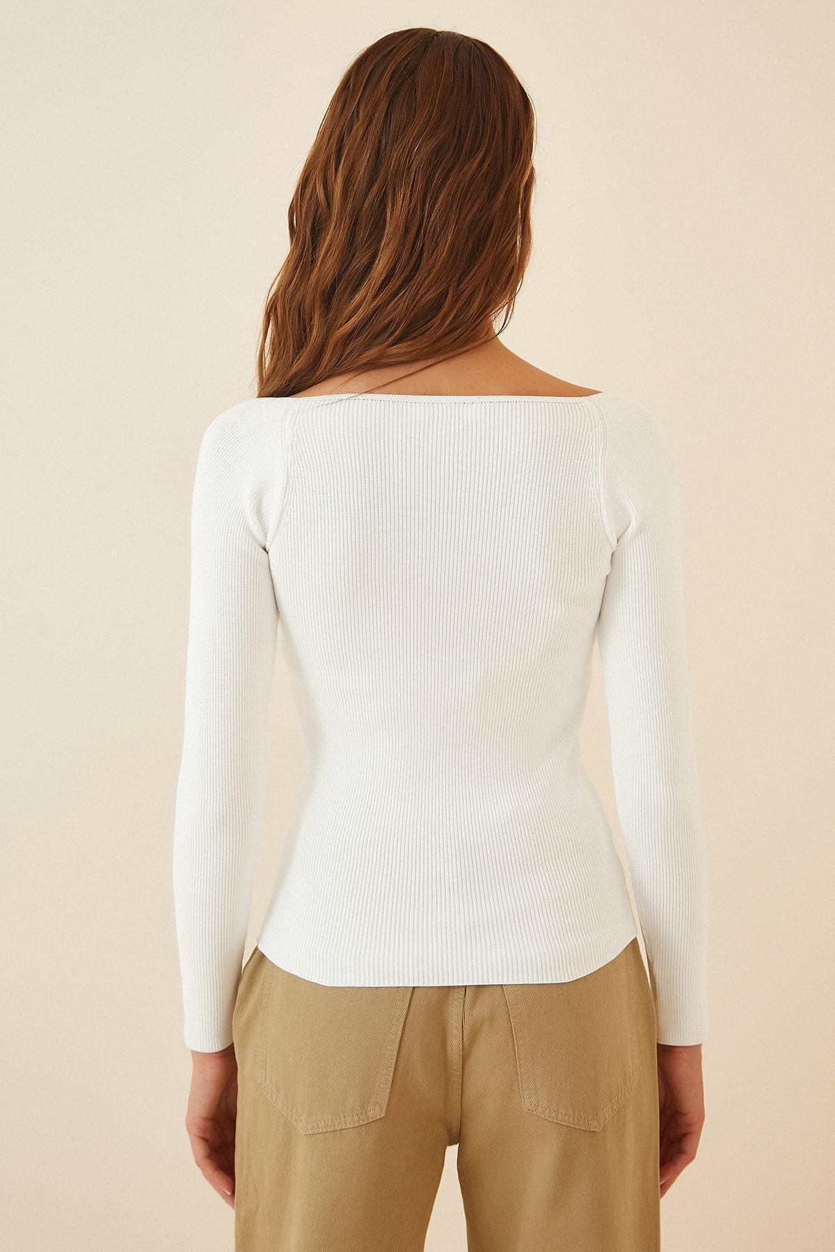 White Square Collar Slim Sweater, White, large image number 2