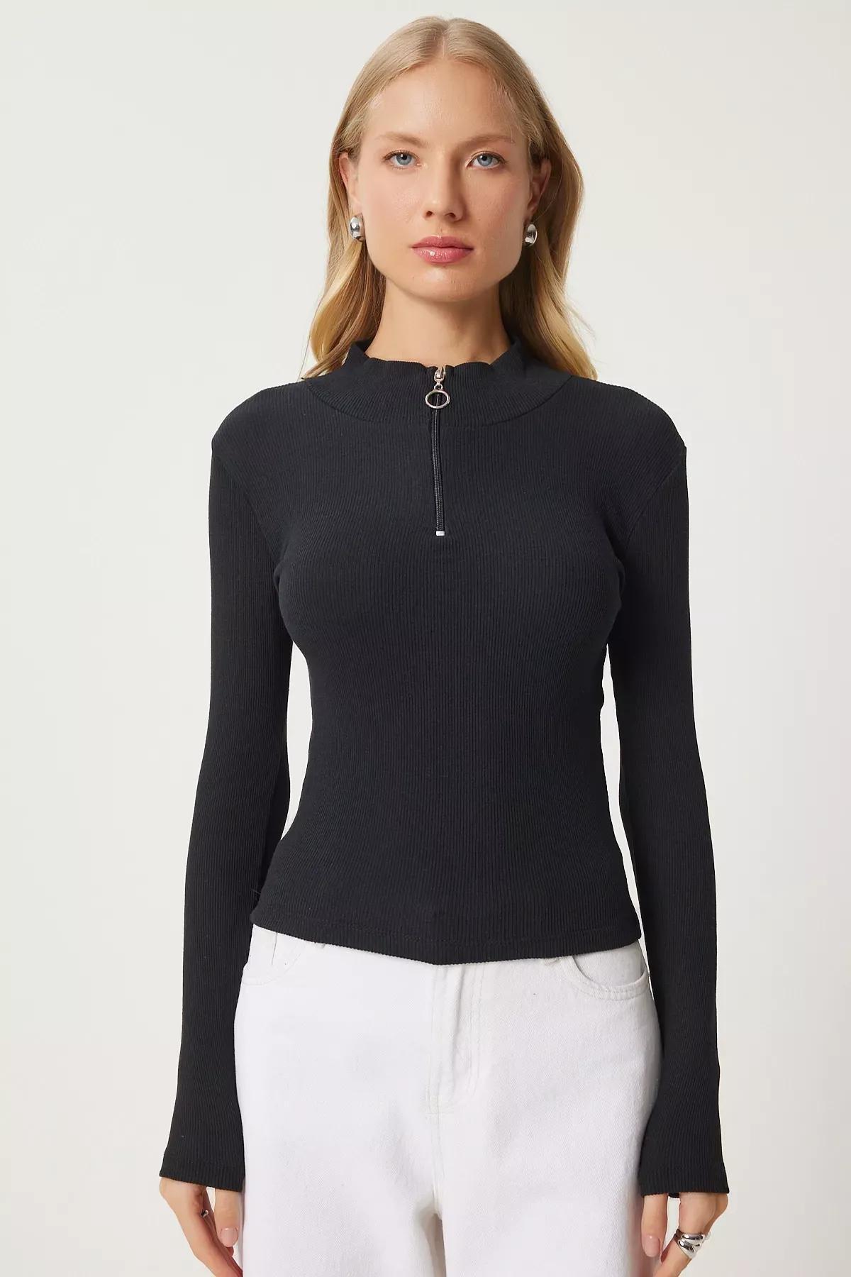 Black Standing Collar Fitted Blouse, BLACK, large image number 3