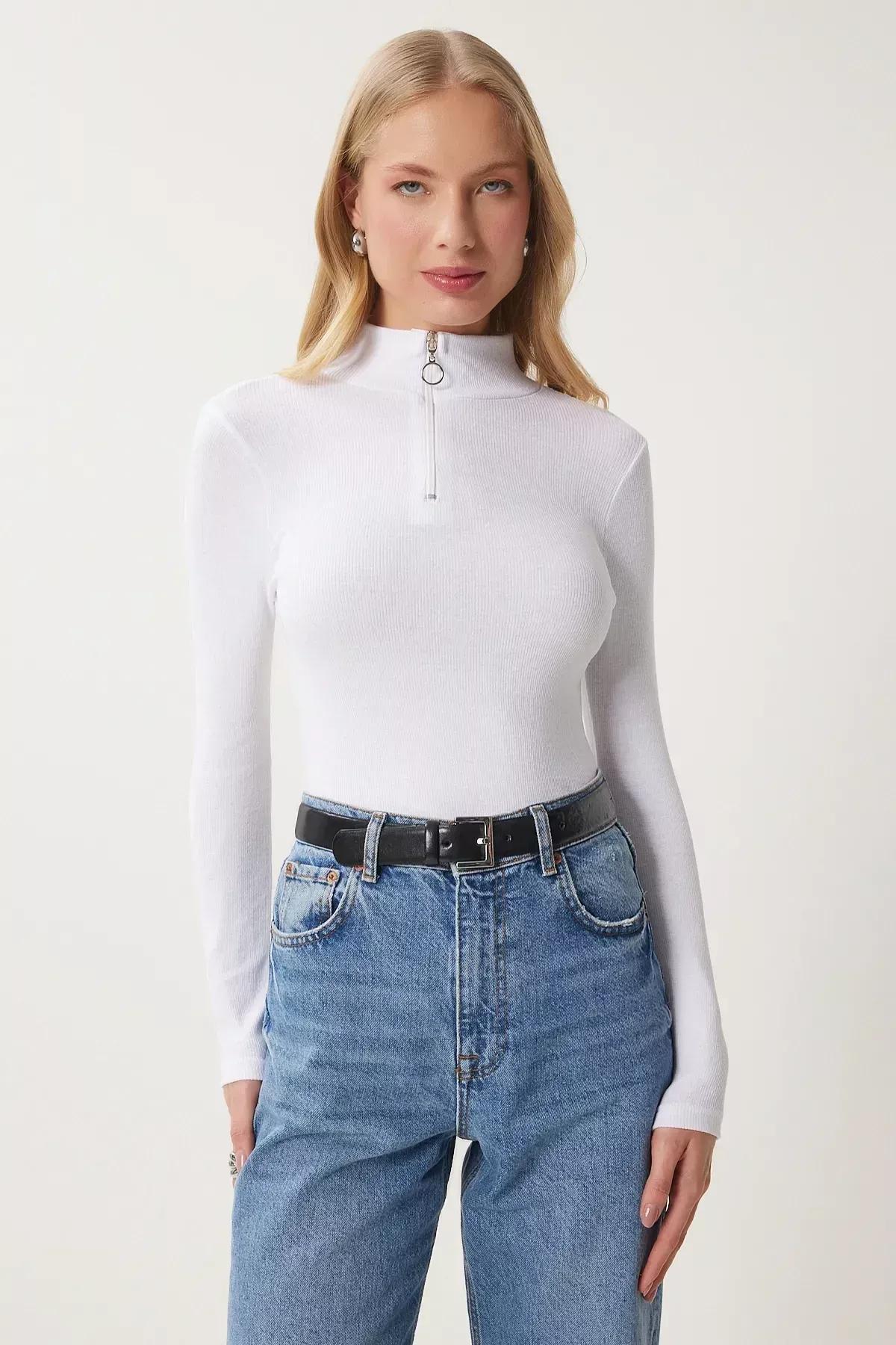 بلوزة بقصة ضيقة وياقة قائمة، أبيض, White, large image number 3