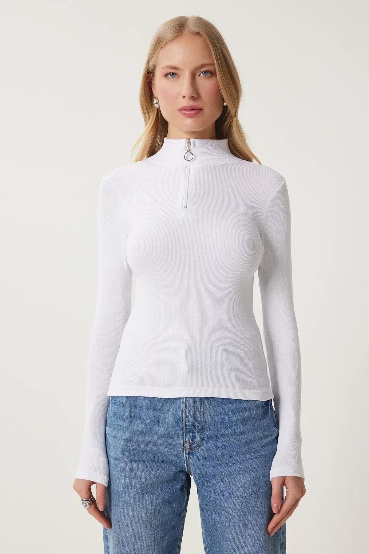 بلوزة بقصة ضيقة وياقة قائمة، أبيض, White, large image number 4