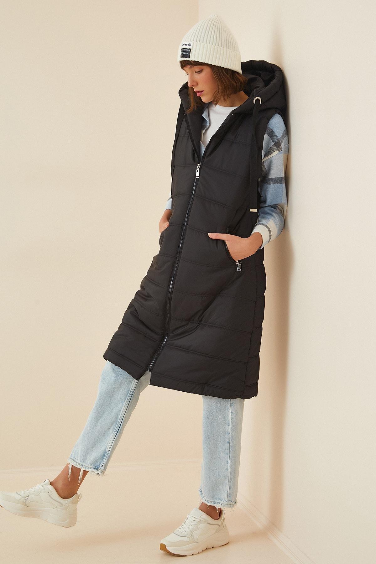 Black Hooded Puffer Vest, , large image number 1