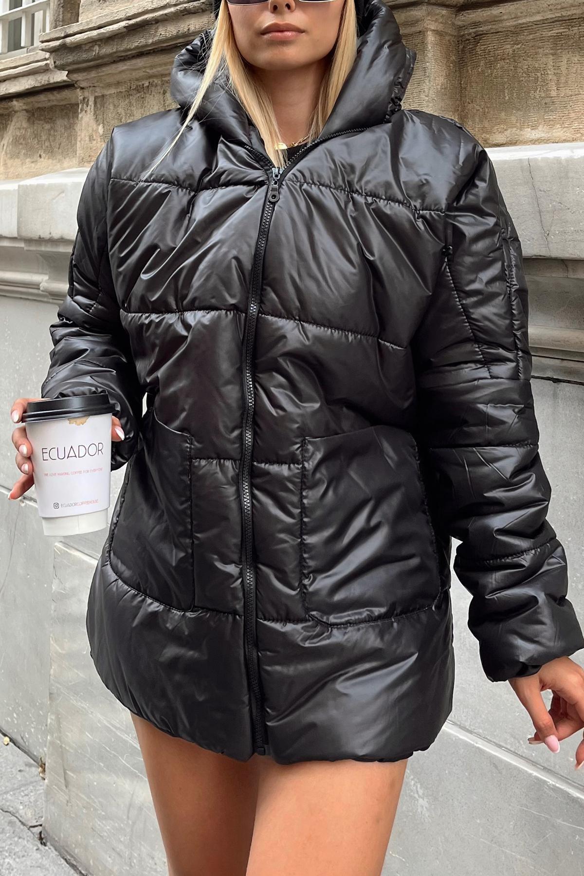 Black Puffer Oversize Jacket, Black, large image number 2