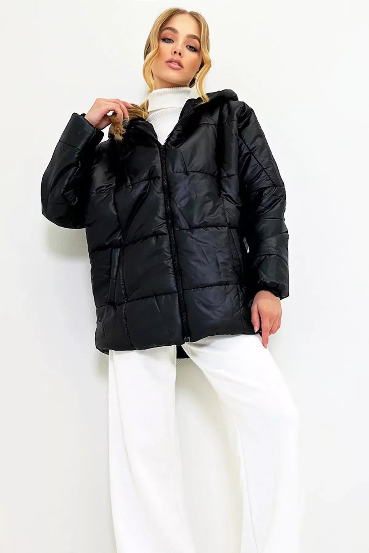 Black Puffer Oversize Jacket, Black, large image number 3
