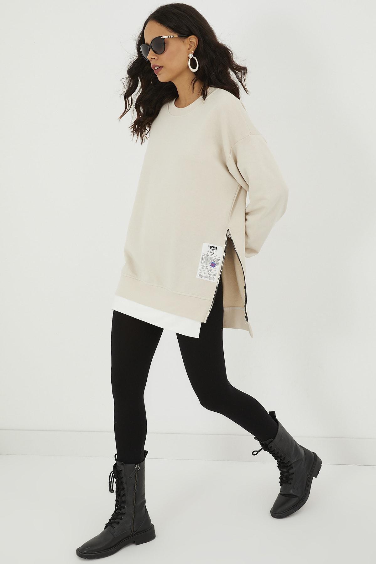 Beige Printed Basic Sweatshirt, Ecru, large image number 0