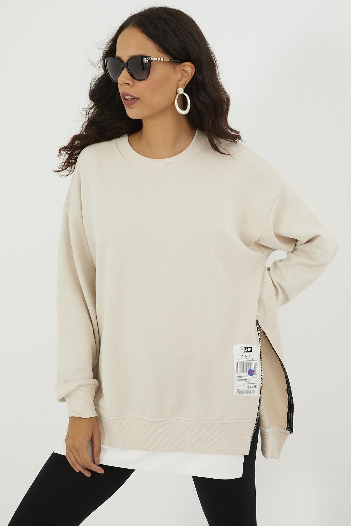 Beige Printed Basic Sweatshirt, Ecru, large image number 2