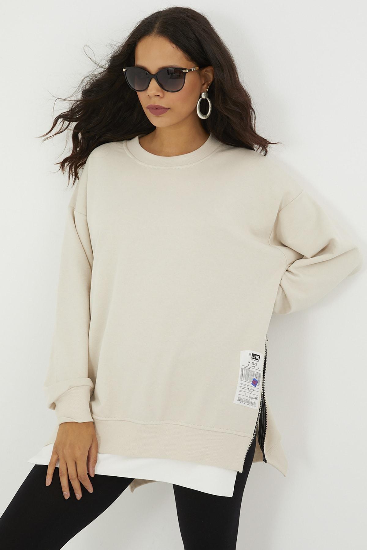 Beige Printed Basic Sweatshirt, Ecru, large image number 3