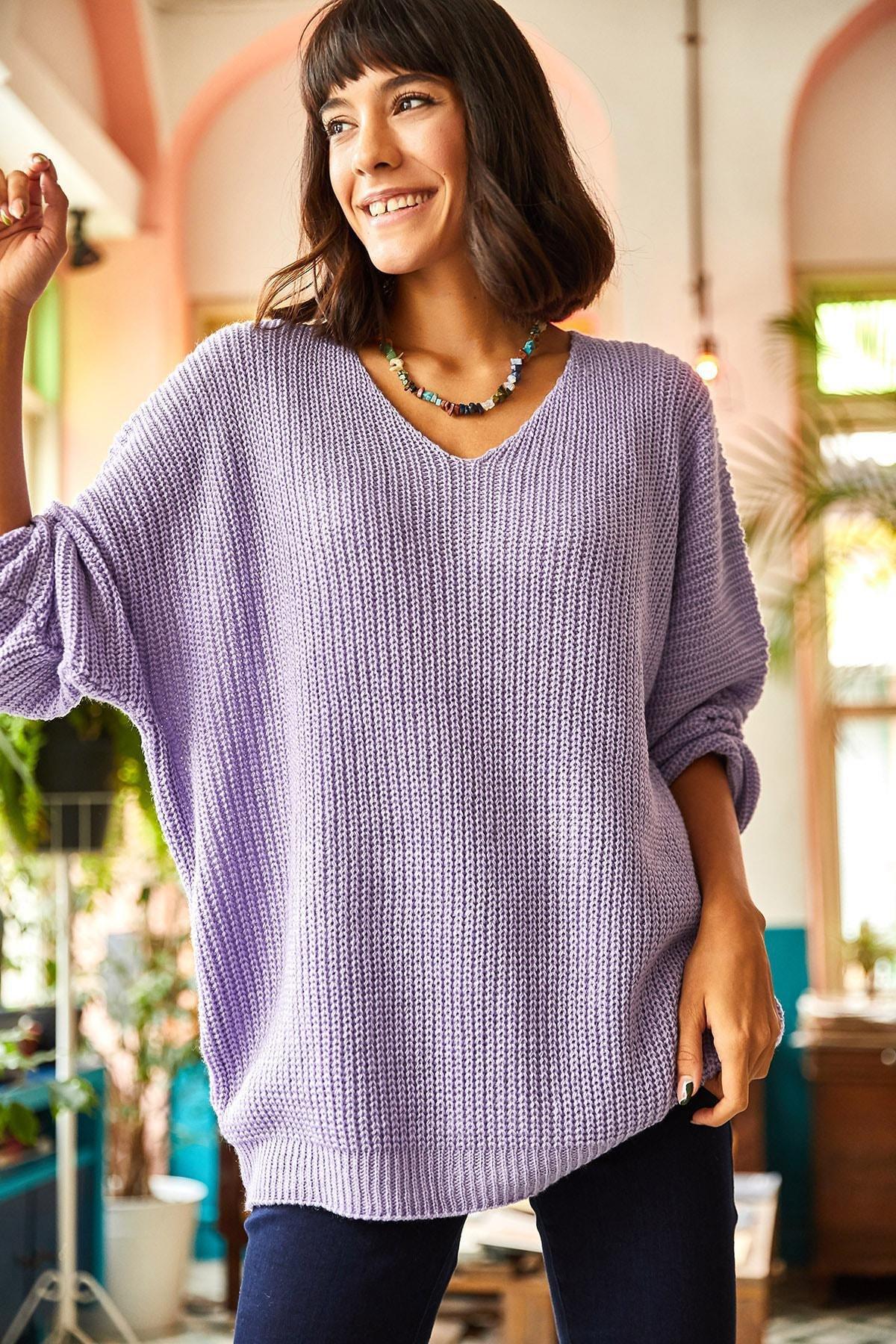 Purple Knit Oversized Knitwear Sweater, Lilac, large image number 1