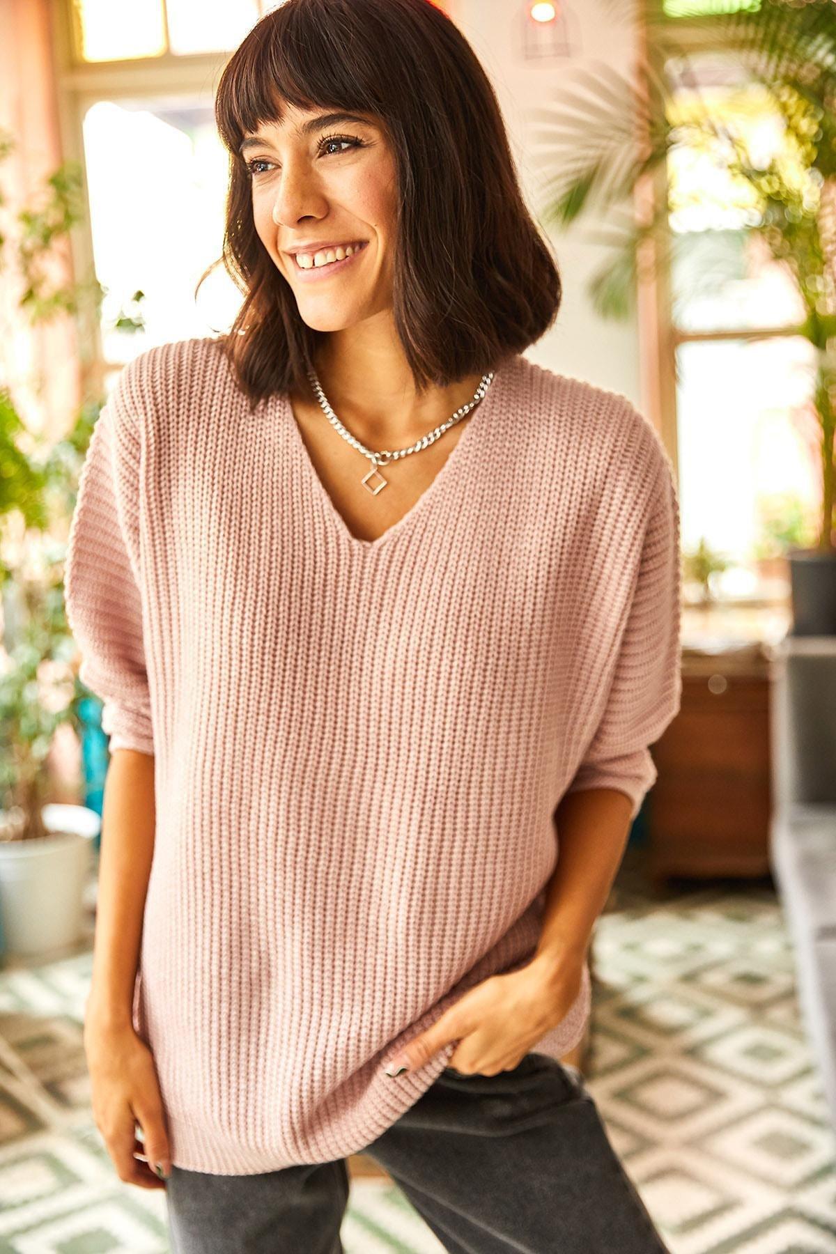 Pink V-Neck Oversize Sweater, POWDER, large image number 1