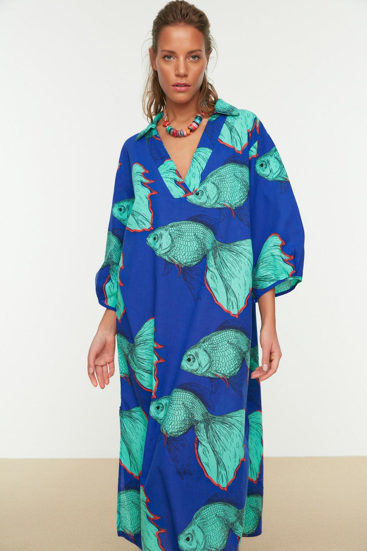 Blue Printed Shift Dress, , medium