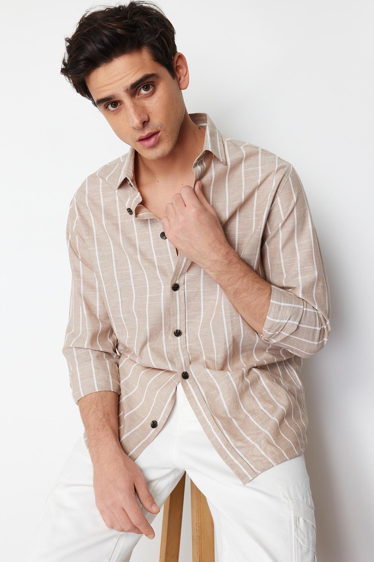 Beige Striped Shirt, , large image number 1