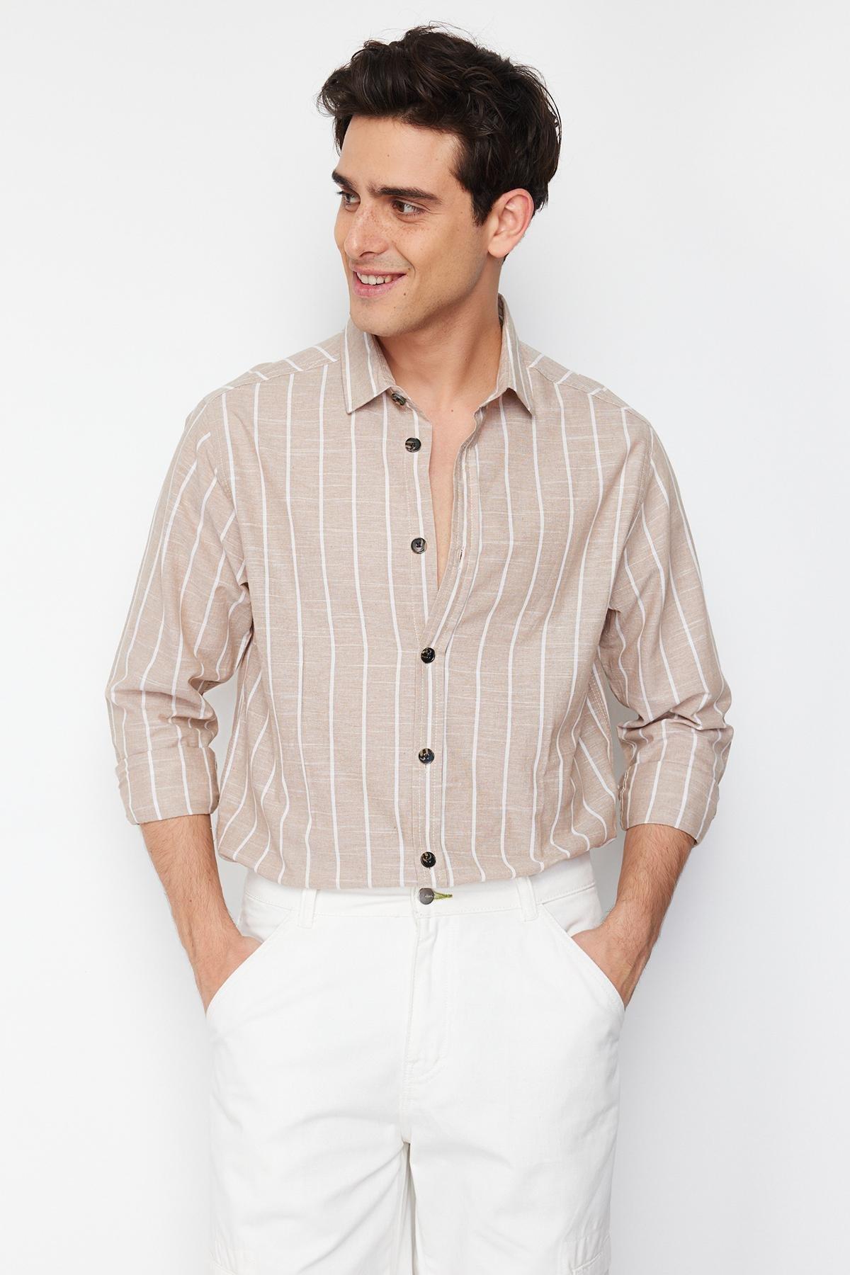 Beige Striped Shirt, , large image number 5