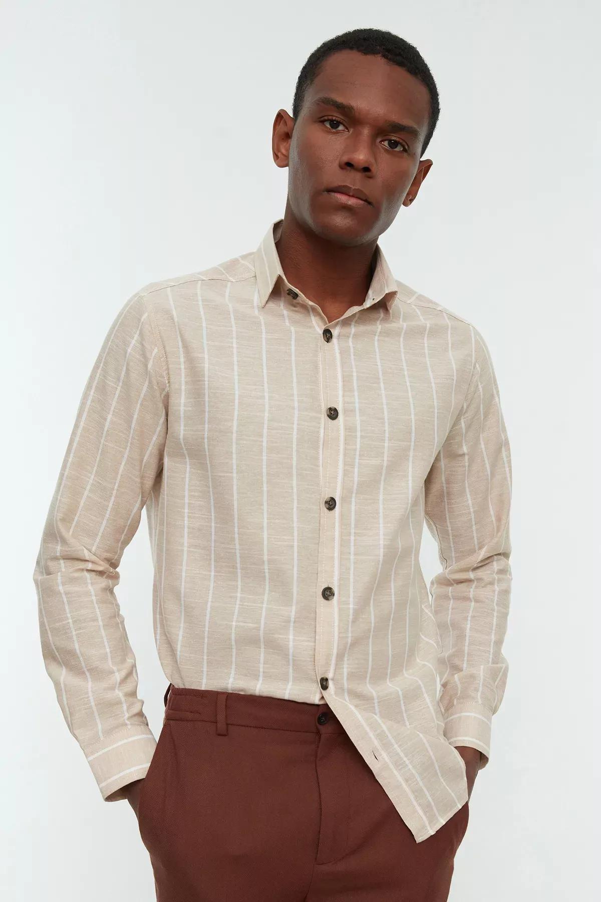 Beige Striped Shirt, , large image number 6